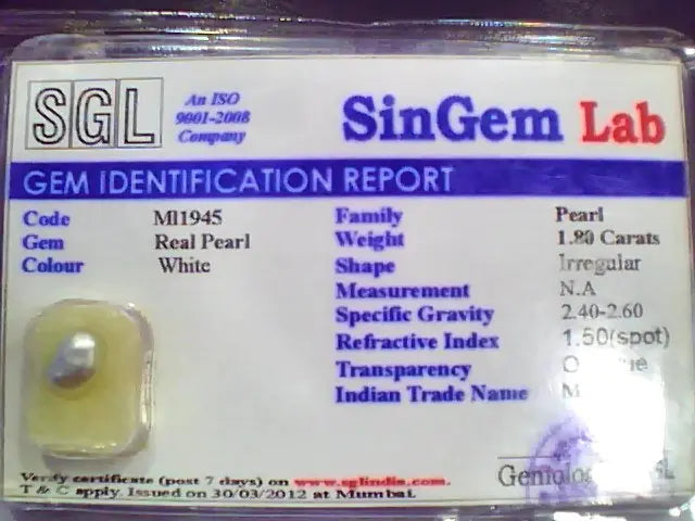 1.80 Ct 3 Ratti Certified Natural Venunjula Real Pearl/Real Moti