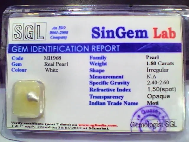 1.80 Ct 3 Ratti Certified Natural Venunjula Real Pearl/Real Moti