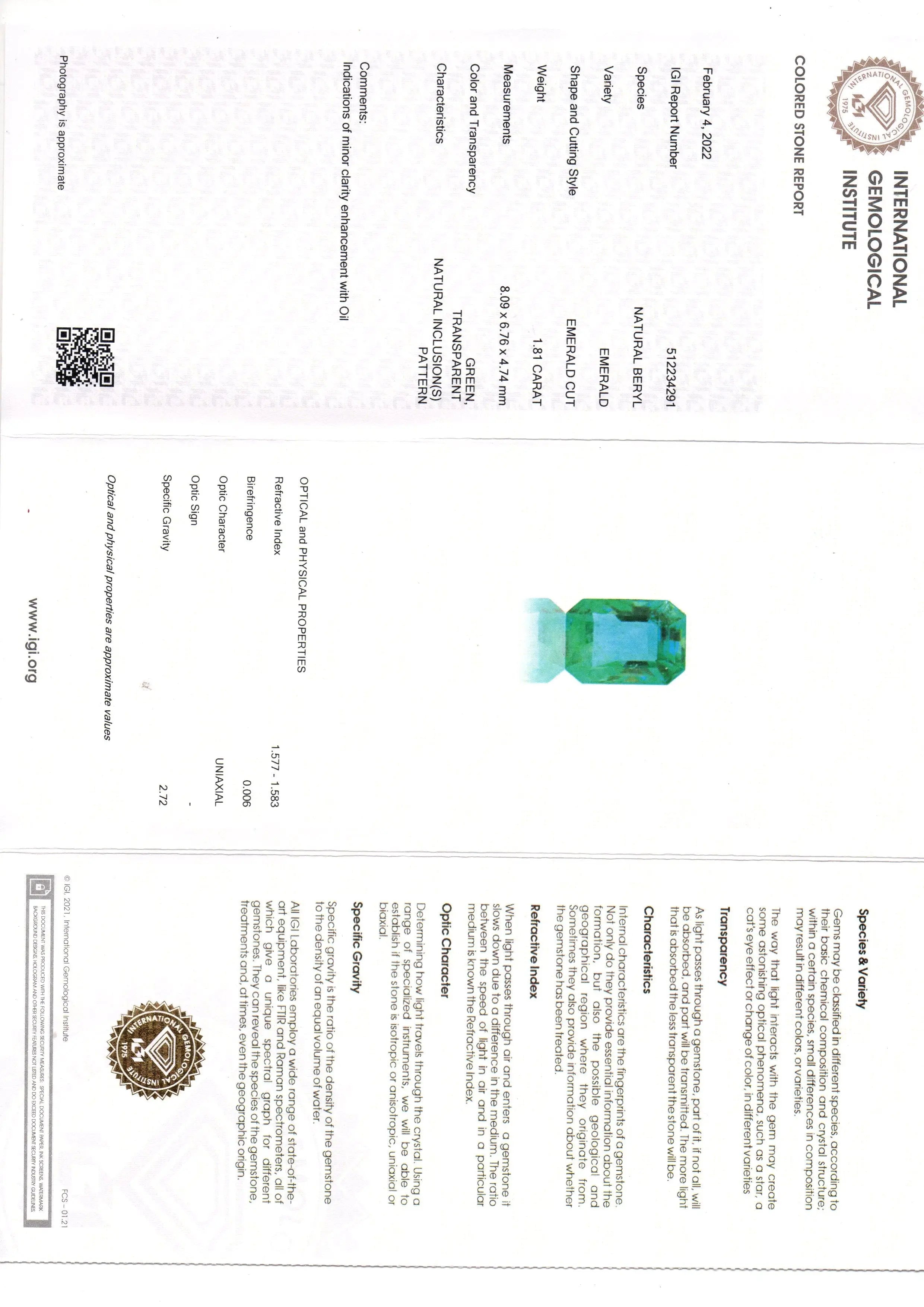 1.81 Ct IGI Certified Untreated Natural Zambian Emerald Gemstone AAA