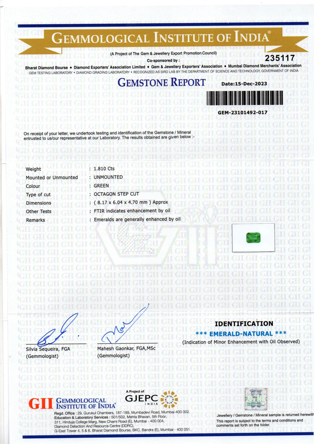 1.81 Ct GII Certified Untreated Natural Zambian Emerald Panna AAAA - Venus Gems