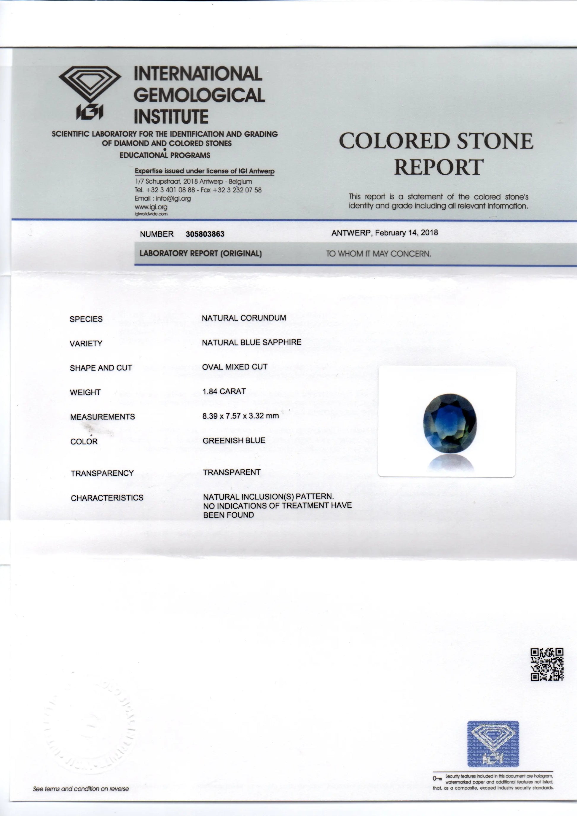 1.84 Ct IGI Certified Unheated Untreated Natural Ceylon Deep Blue Sapphire