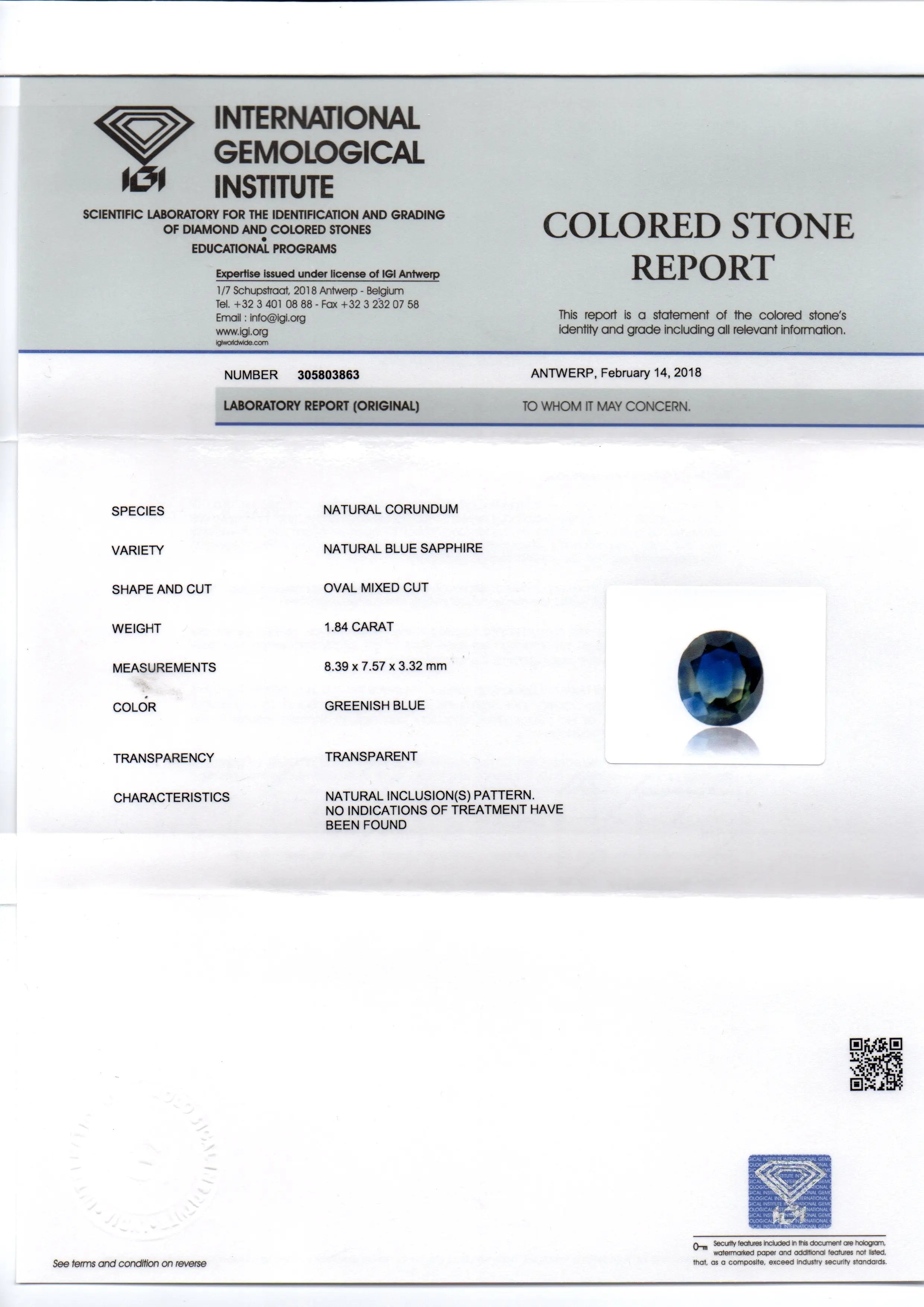 1.84 Ct IGI Certified Unheated Untreated Natural Ceylon Deep Blue Sapphire