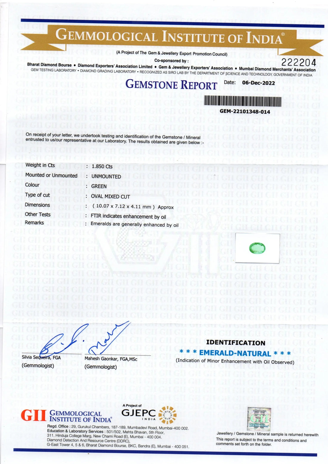 1.85 Ct GII Certified Untreated Natural Colombian Emerald Gemstone AAA - Venus Gems
