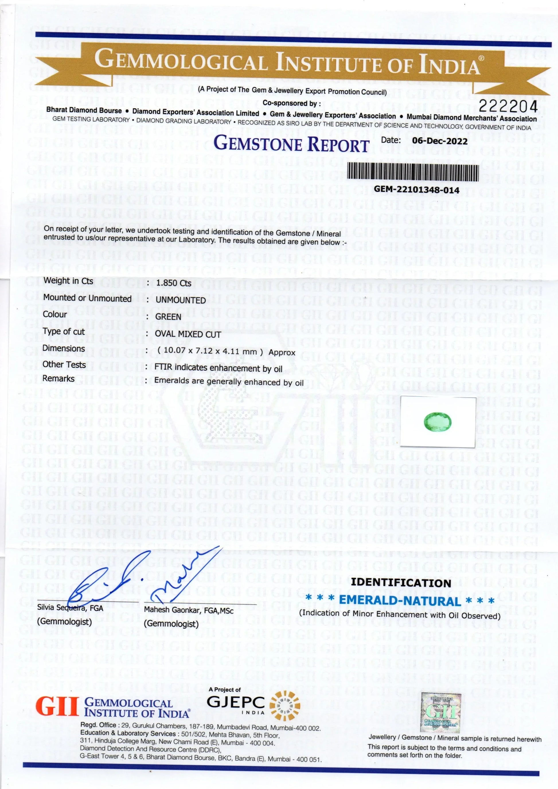 1.85 Ct GII Certified Untreated Natural Colombian Emerald Gemstone AAA - Venus Gems