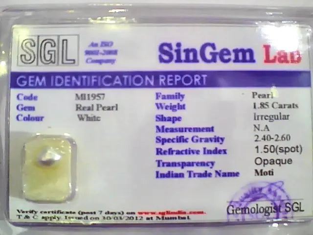 1.85 Ct 3.1 Ratti Certified Natural Venunjula Real Pearl/Real Moti