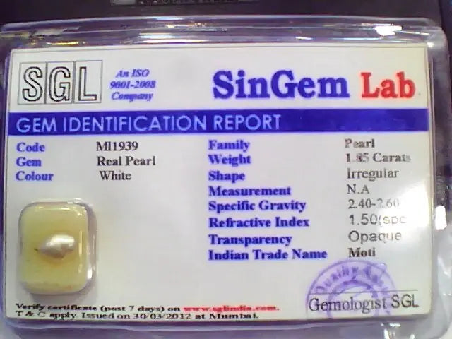1.85 Ct 3.1 Ratti Certified Natural Venunjula Real Pearl/Real Moti