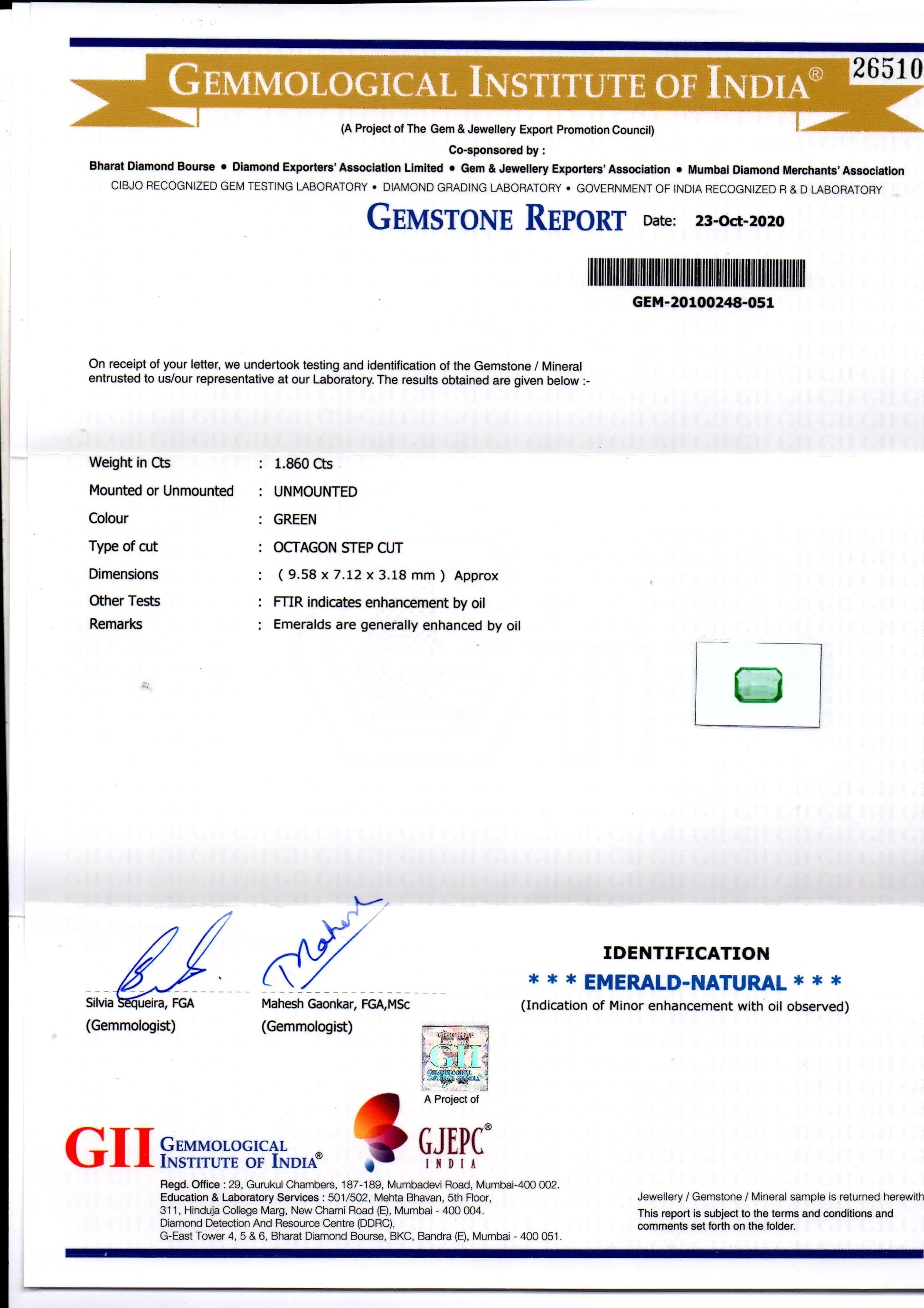 1.86 Ct GII Certified Untreated Natural Zambian Emerald Gems AAAAA