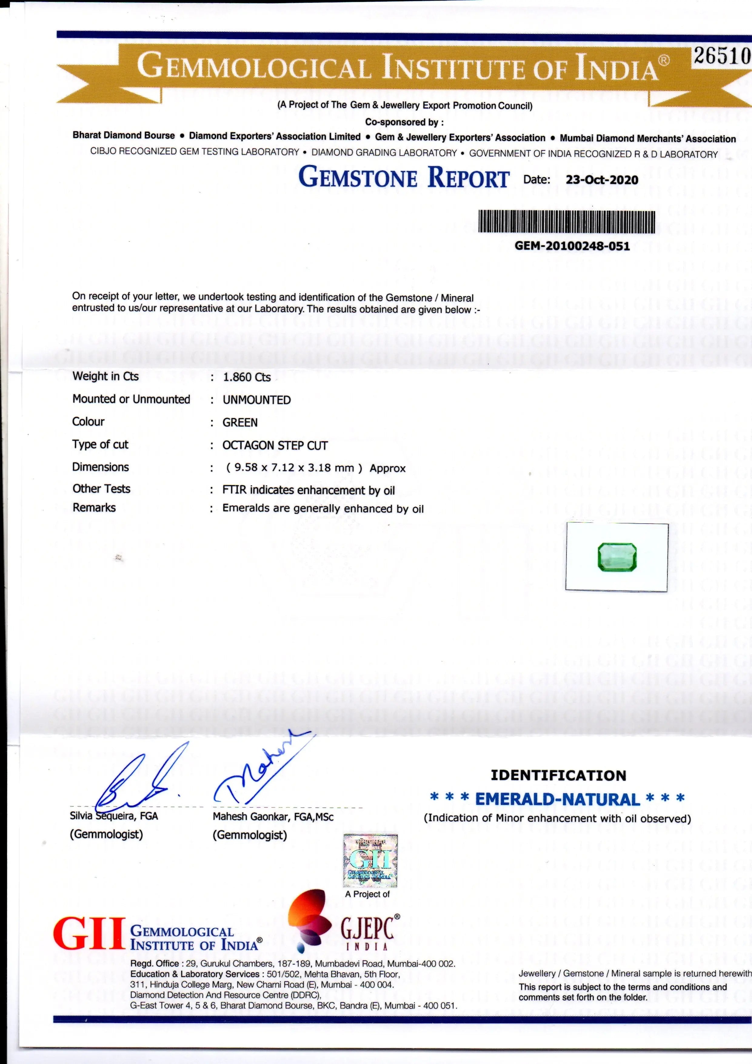 1.86 Ct GII Certified Untreated Natural Zambian Emerald Gems AAAAA