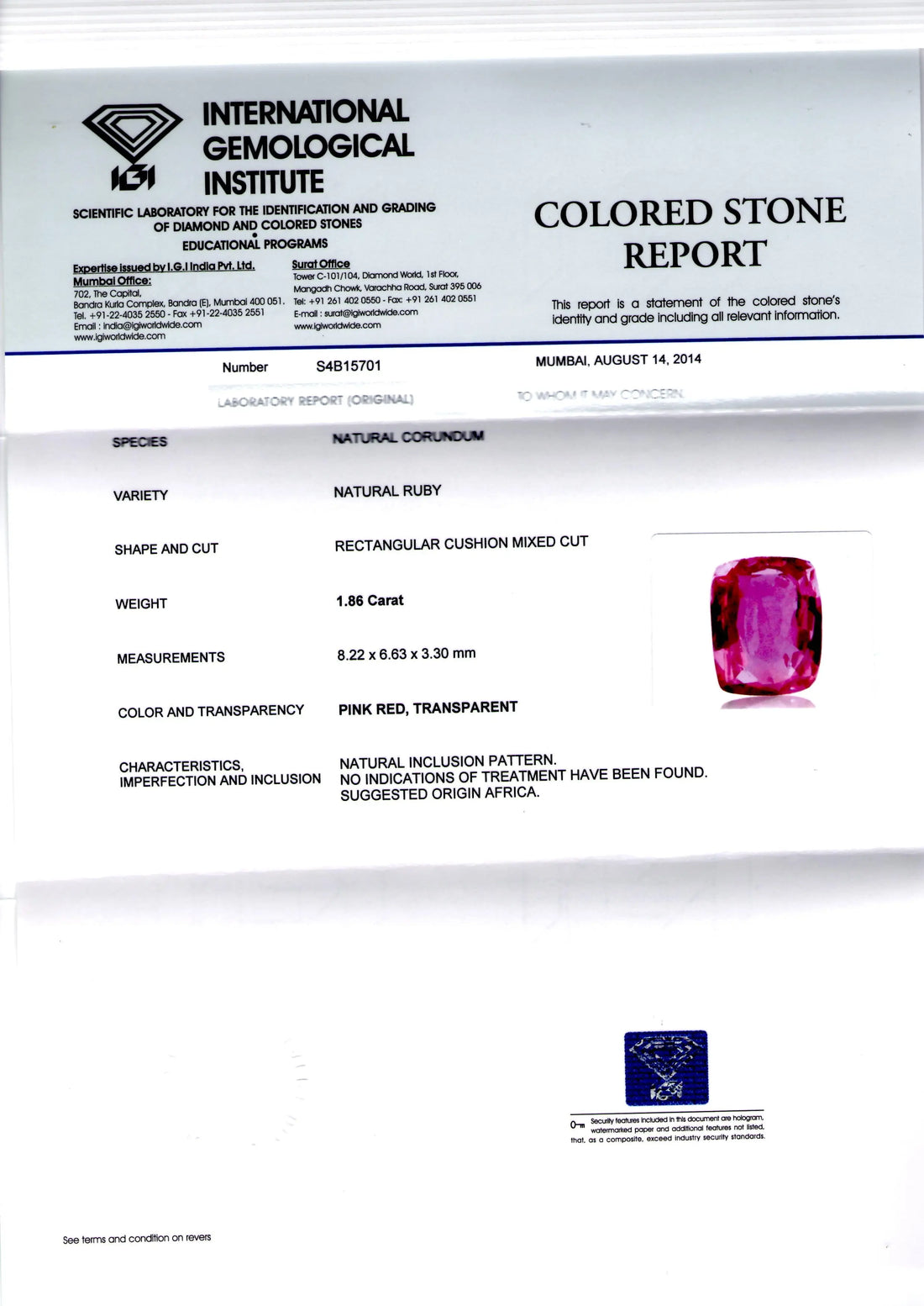 1.86 Ct IGI Certified Unheated Untreated Natural Madagaskar Ruby