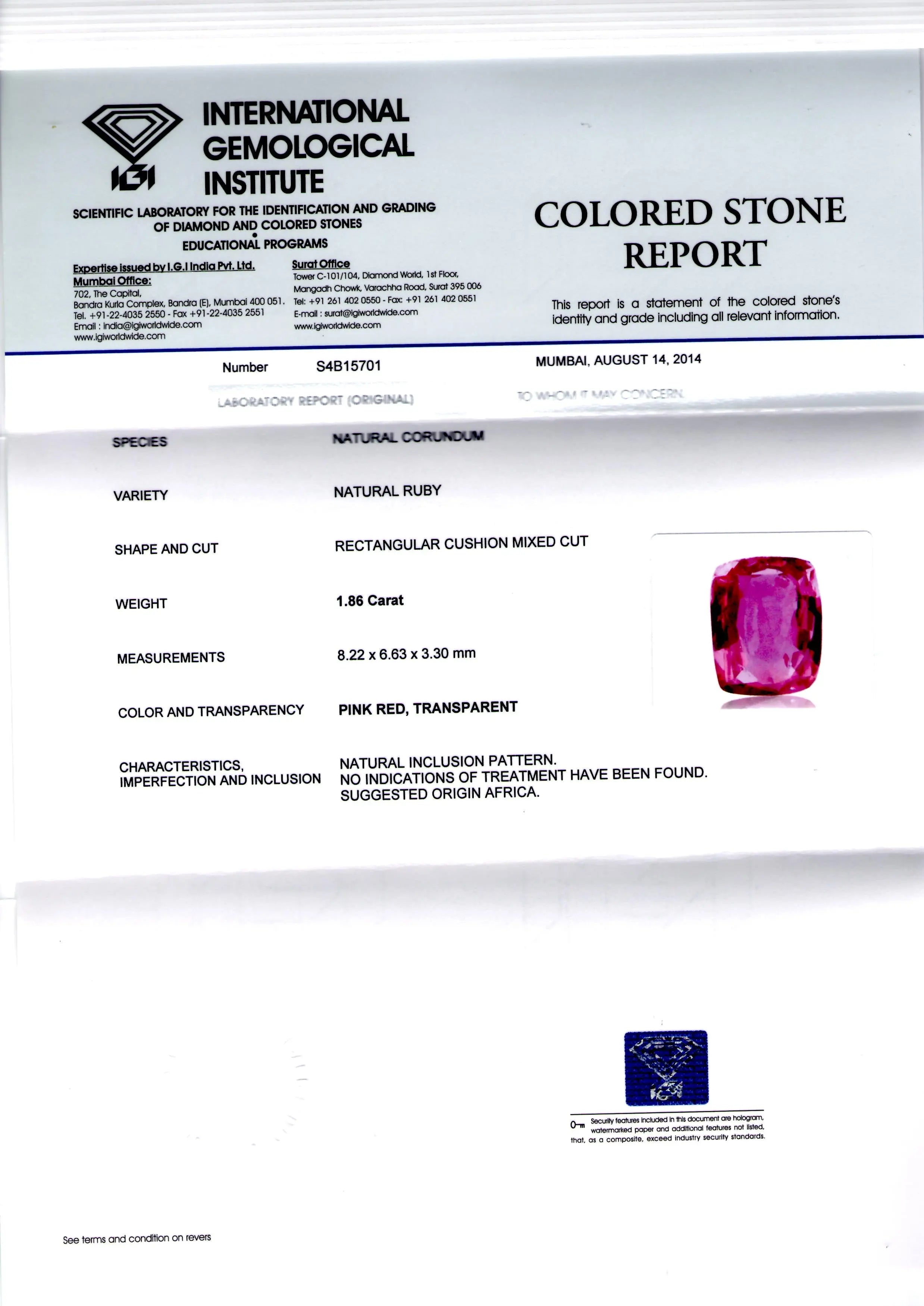 1.86 Ct IGI Certified Unheated Untreated Natural Madagaskar Ruby