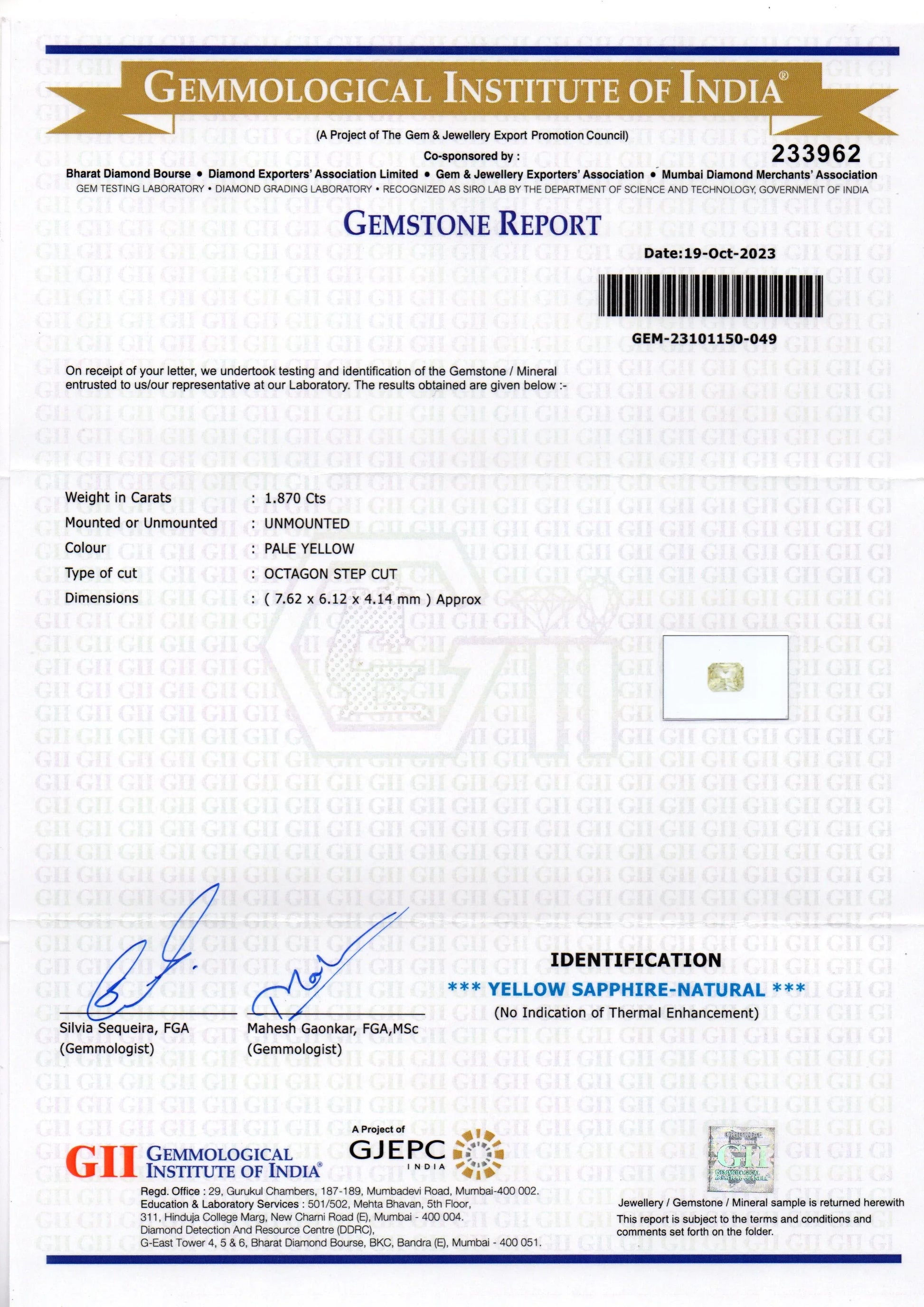 1.87 Ct Certified Unheated Untreated Natural Ceylon Yellow Sapphire - Venus Gems