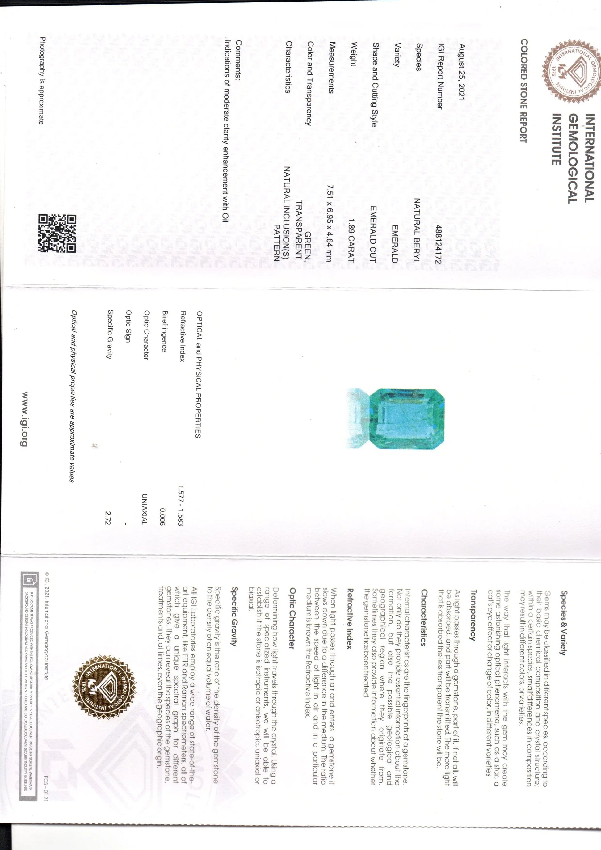 1.89 Ct IGI Certified Untreated Natural Zambian Emerald Gems AAA