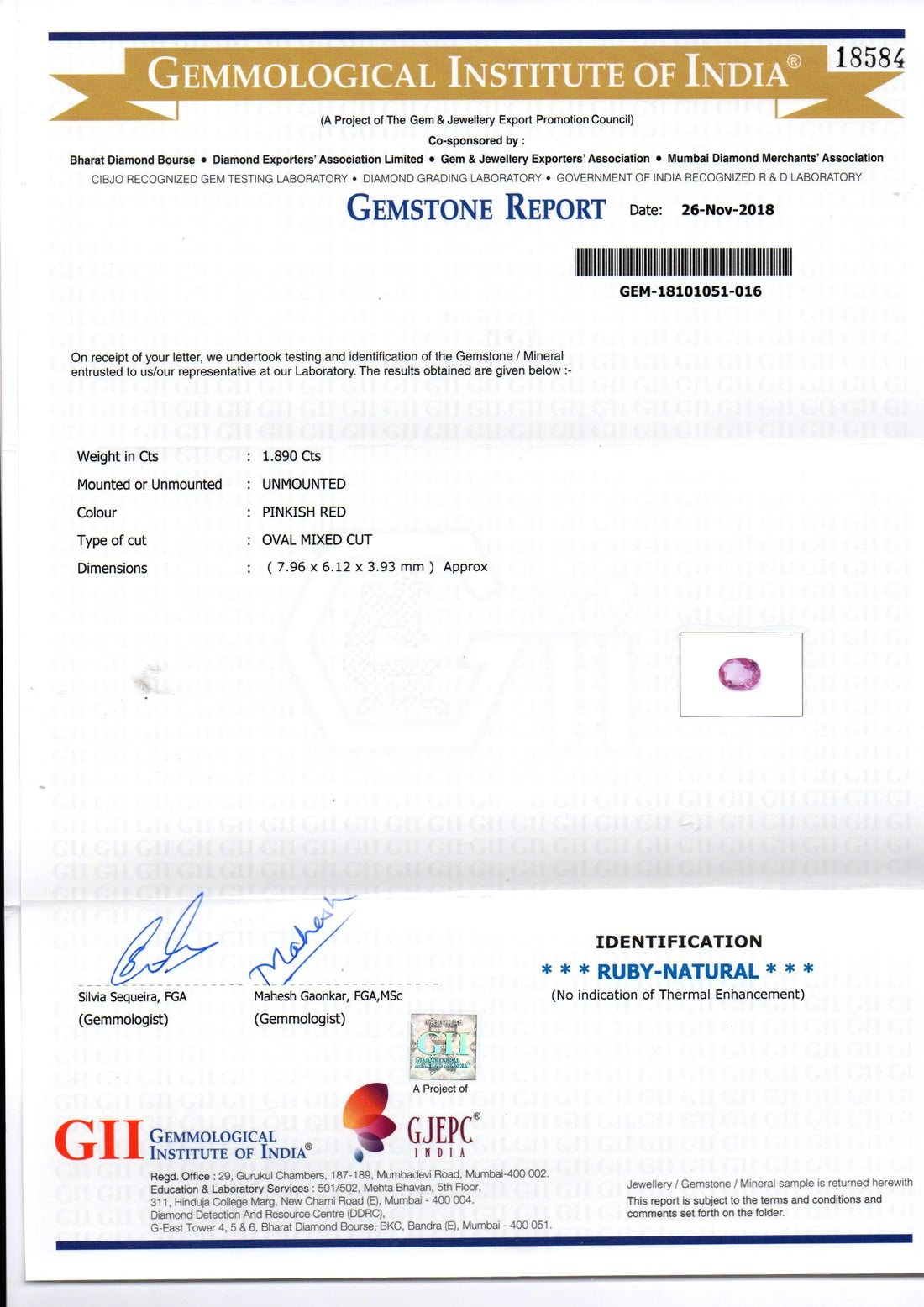 1.89 Ct GII Certified Unheated Untreated Natural Madagaskar Ruby AAA