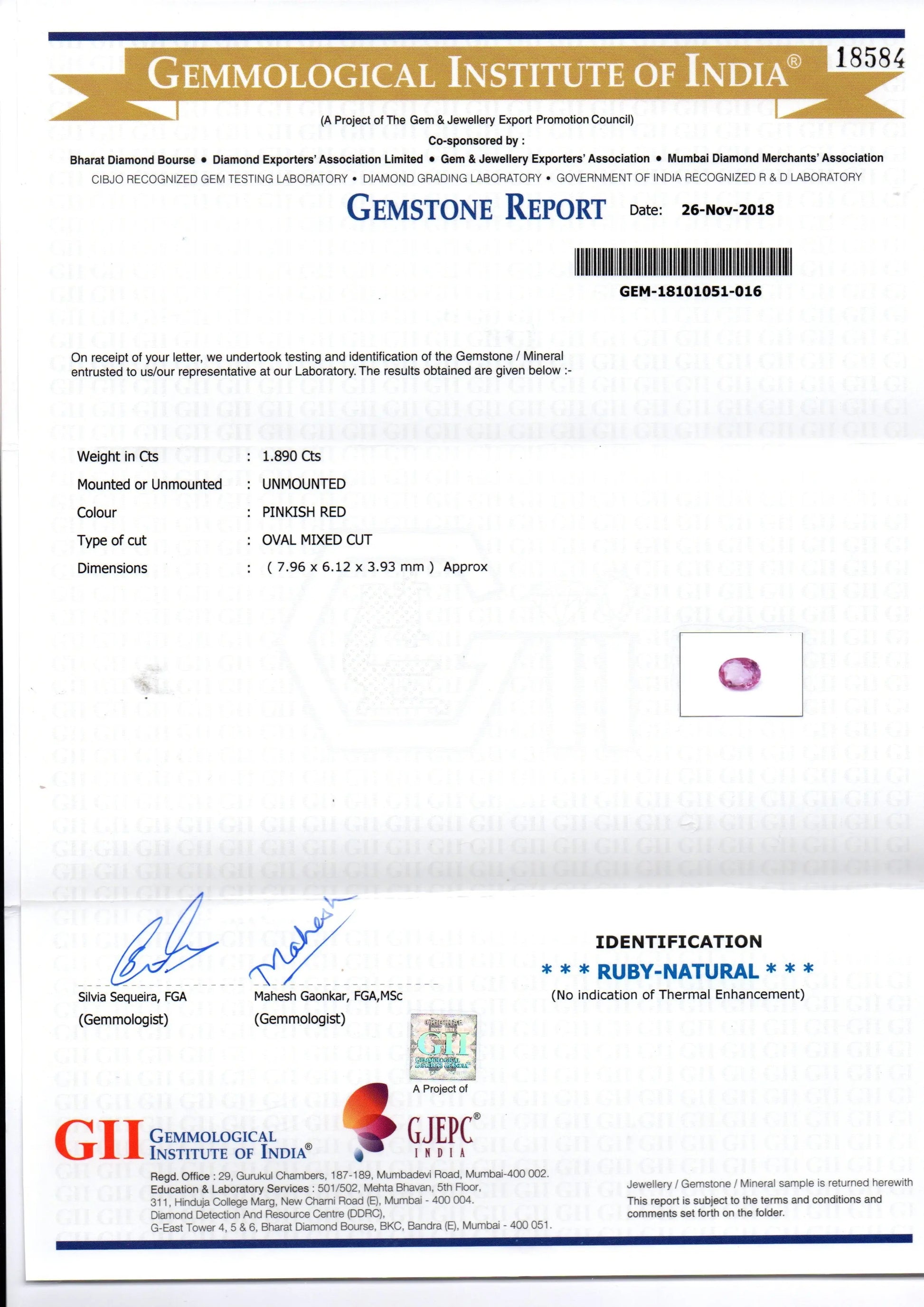 1.89 Ct GII Certified Unheated Untreated Natural Madagaskar Ruby AAA