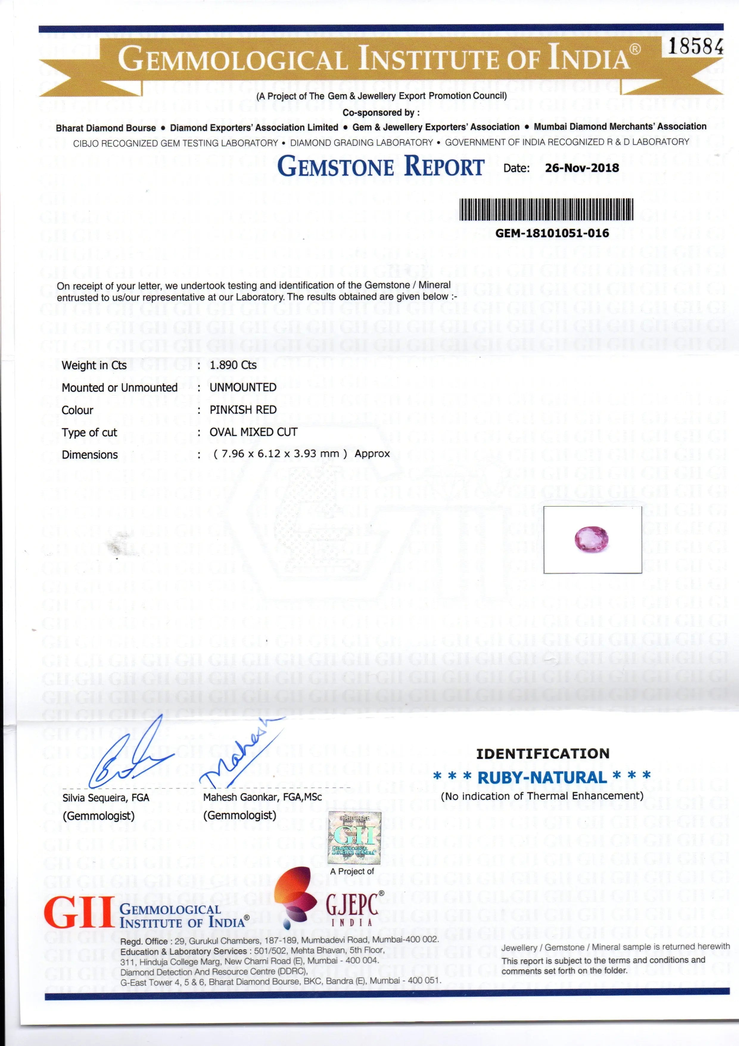 1.89 Ct GII Certified Unheated Untreated Natural Madagaskar Ruby AAA