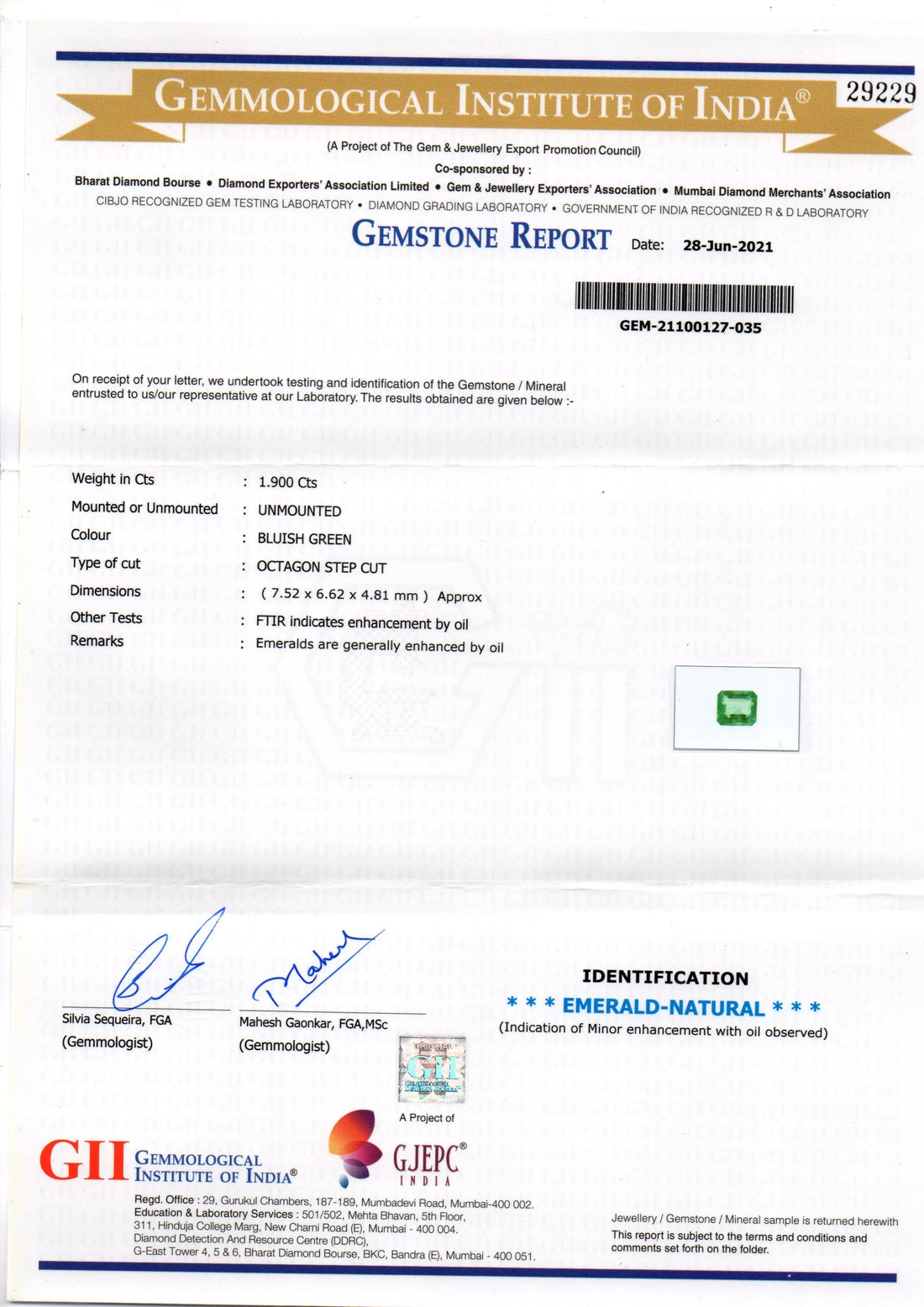 1.90 Ct GII Certified Untreated Natural Zambian Emerald Gemstone AAAAA