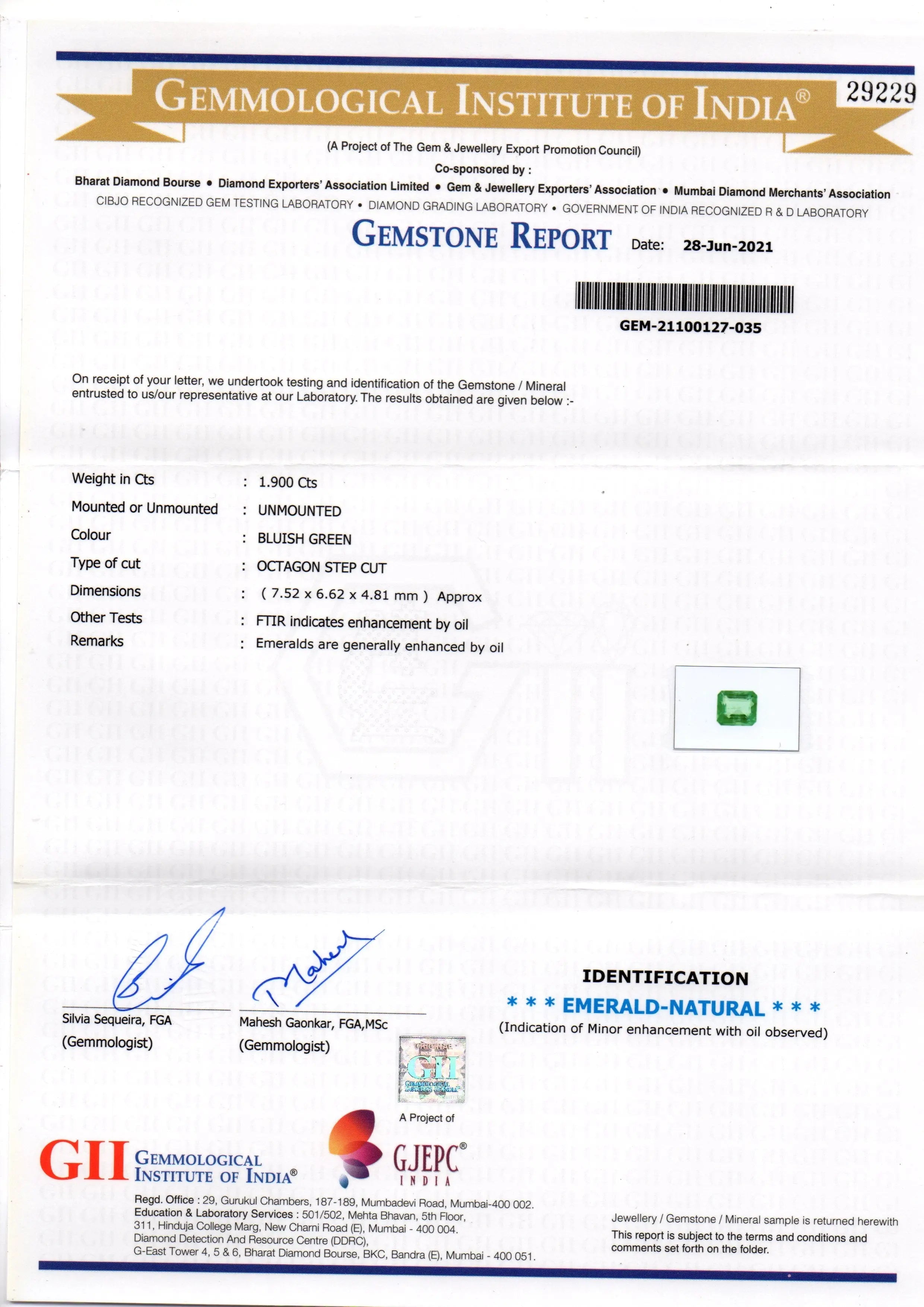 1.90 Ct GII Certified Untreated Natural Zambian Emerald Gemstone AAAAA