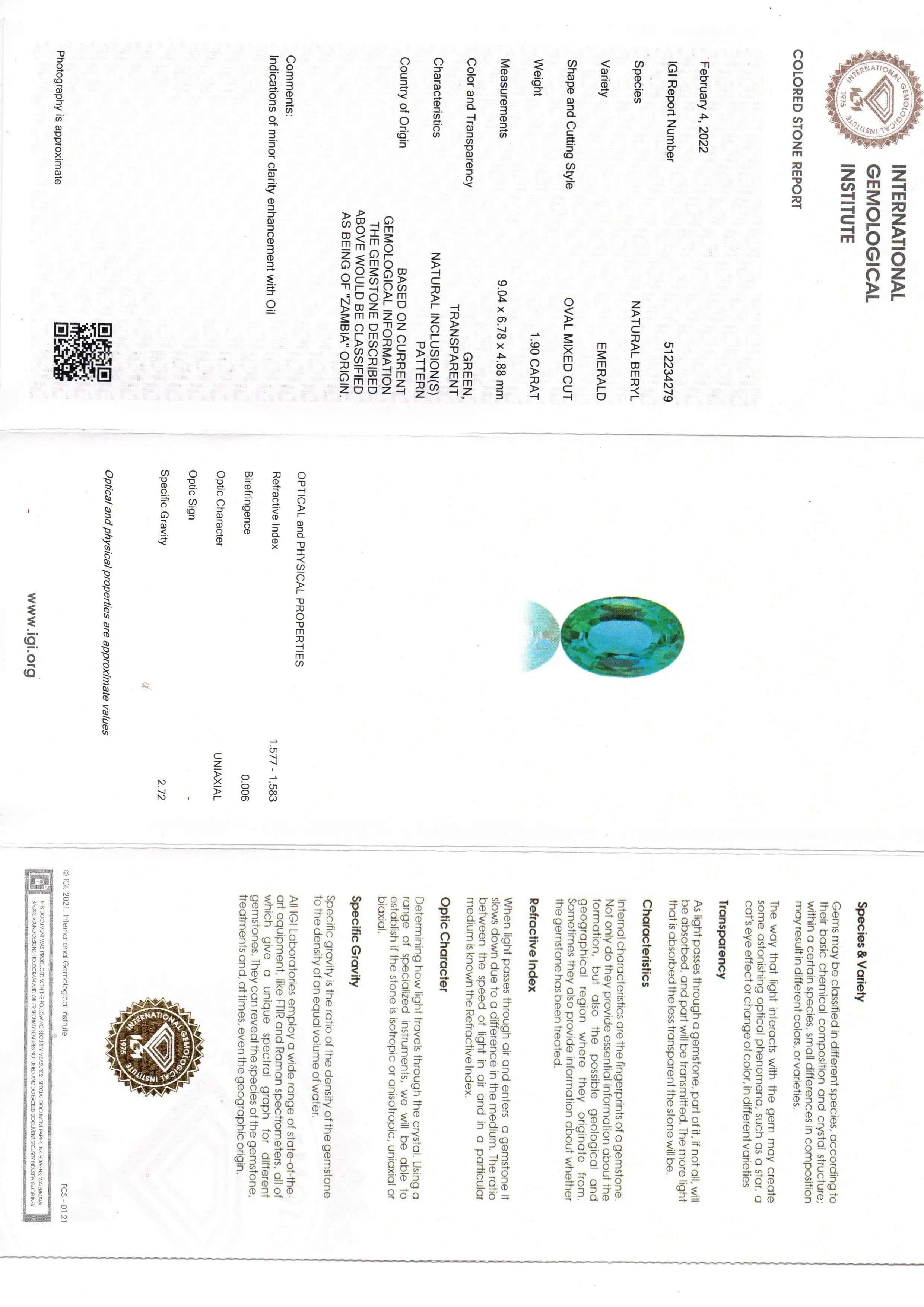 1.90 Ct IGI Certified Untreated Natural Zambian Emerald Gemstone AAA