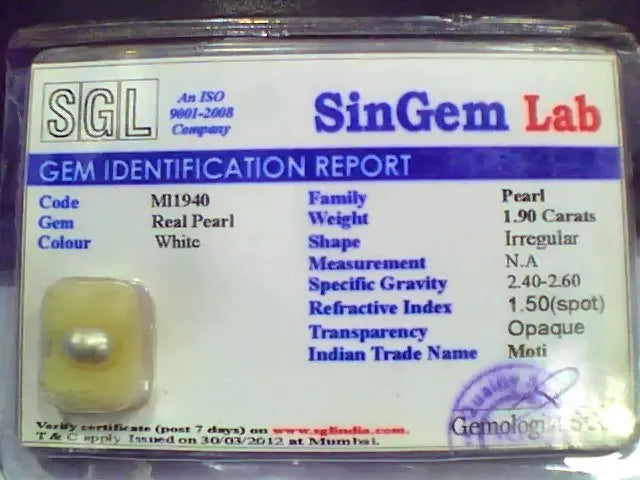1.90 Ct 3.16 Ratti Certified Natural Venunjula Real Pearl/Real Moti