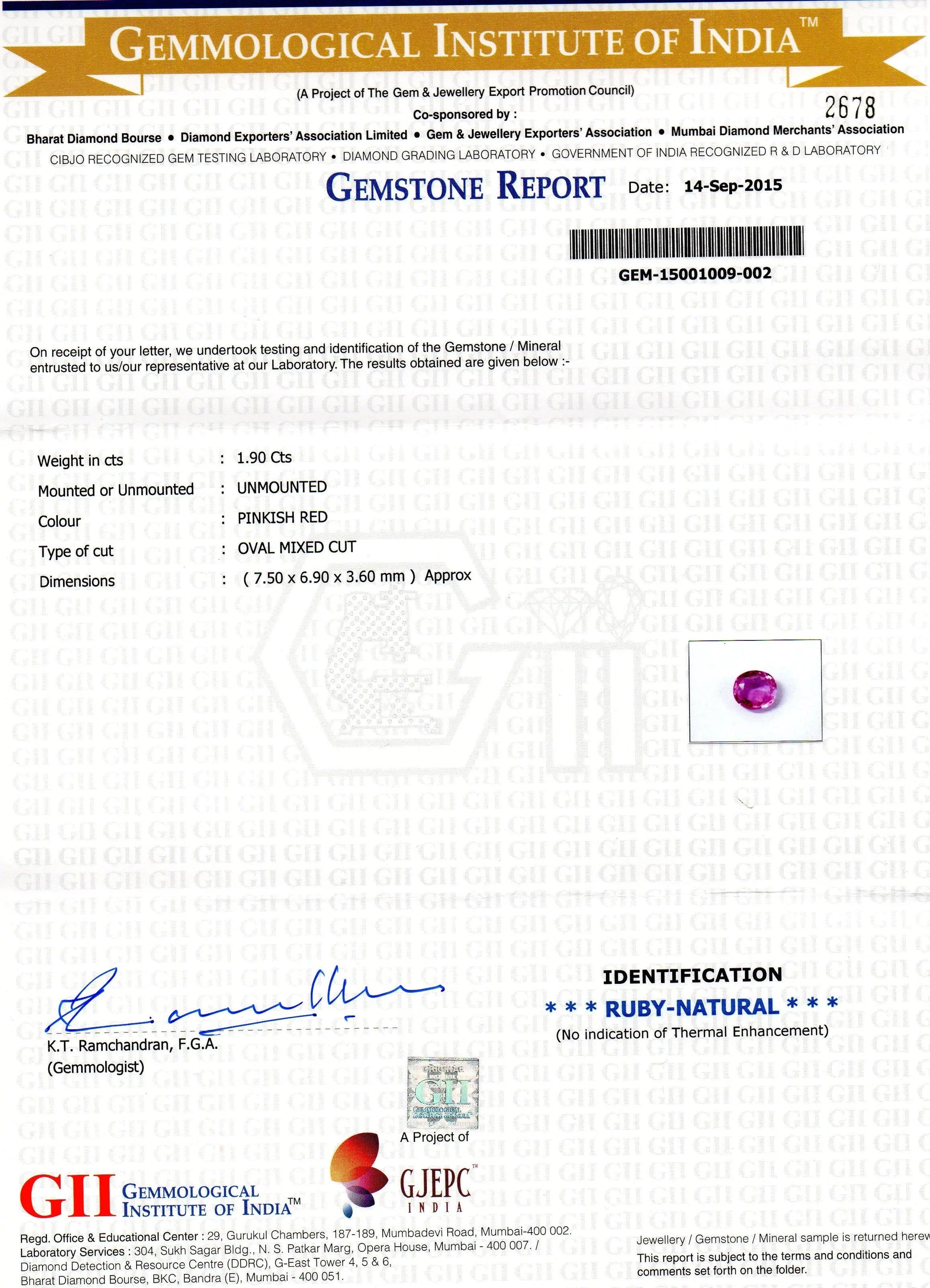 1.90 Ct 3.25 Rati Certified Unheated Untreated Natural Madagaskar Ruby