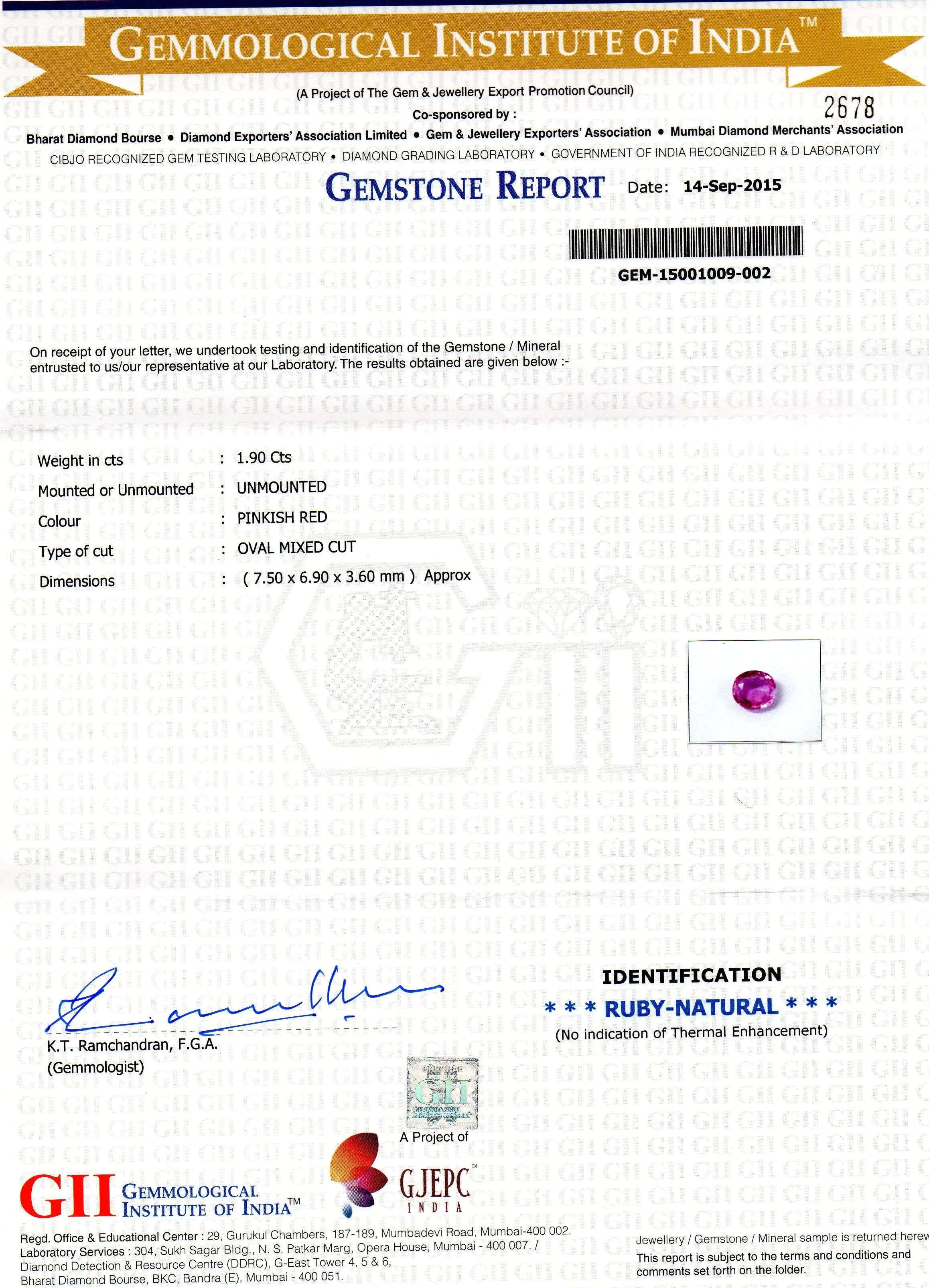 1.90 Ct 3.25 Rati Certified Unheated Untreated Natural Madagaskar Ruby