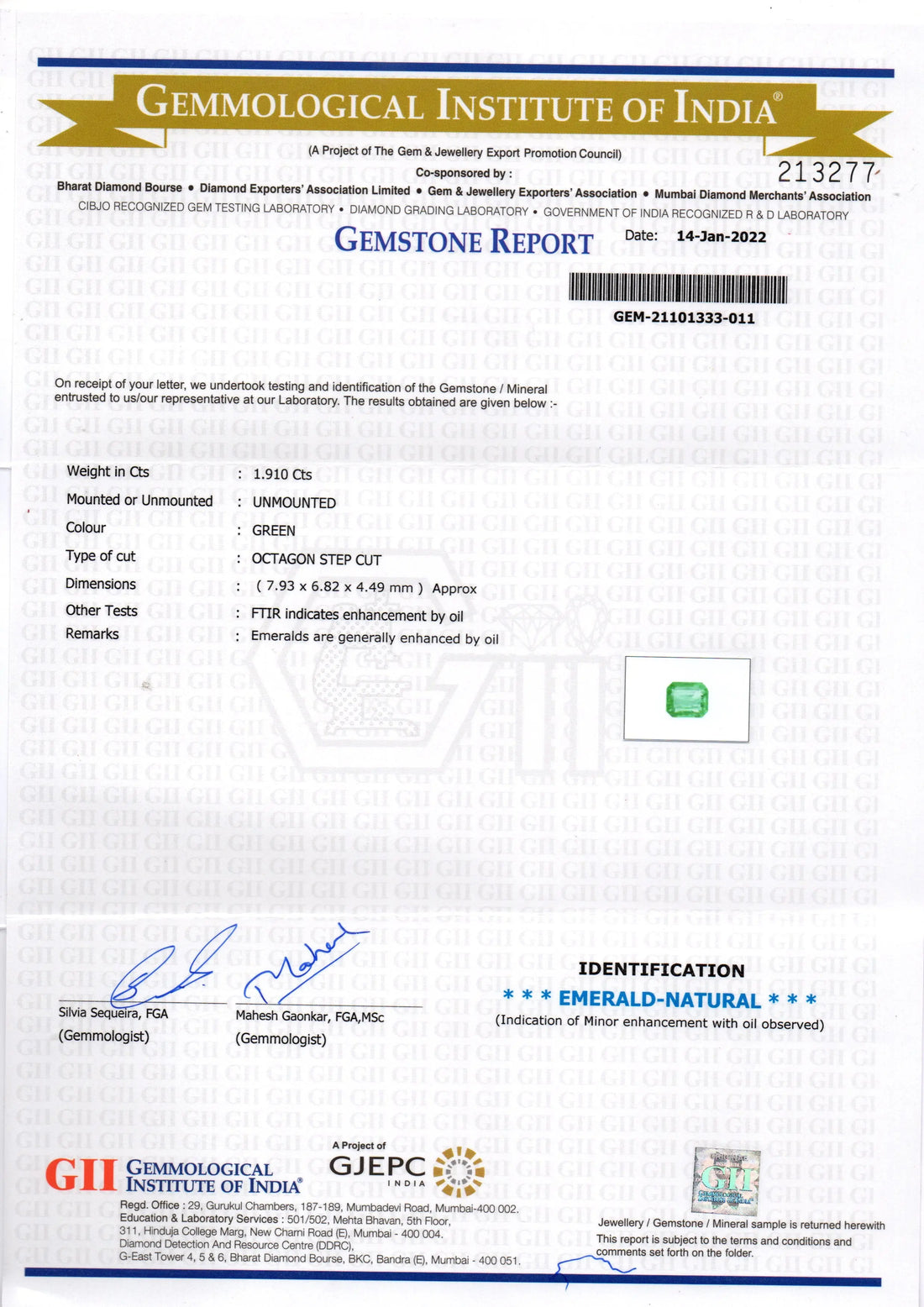 1.91 Ct GII Certified Untreated Natural Zambian Emerald Gemstone