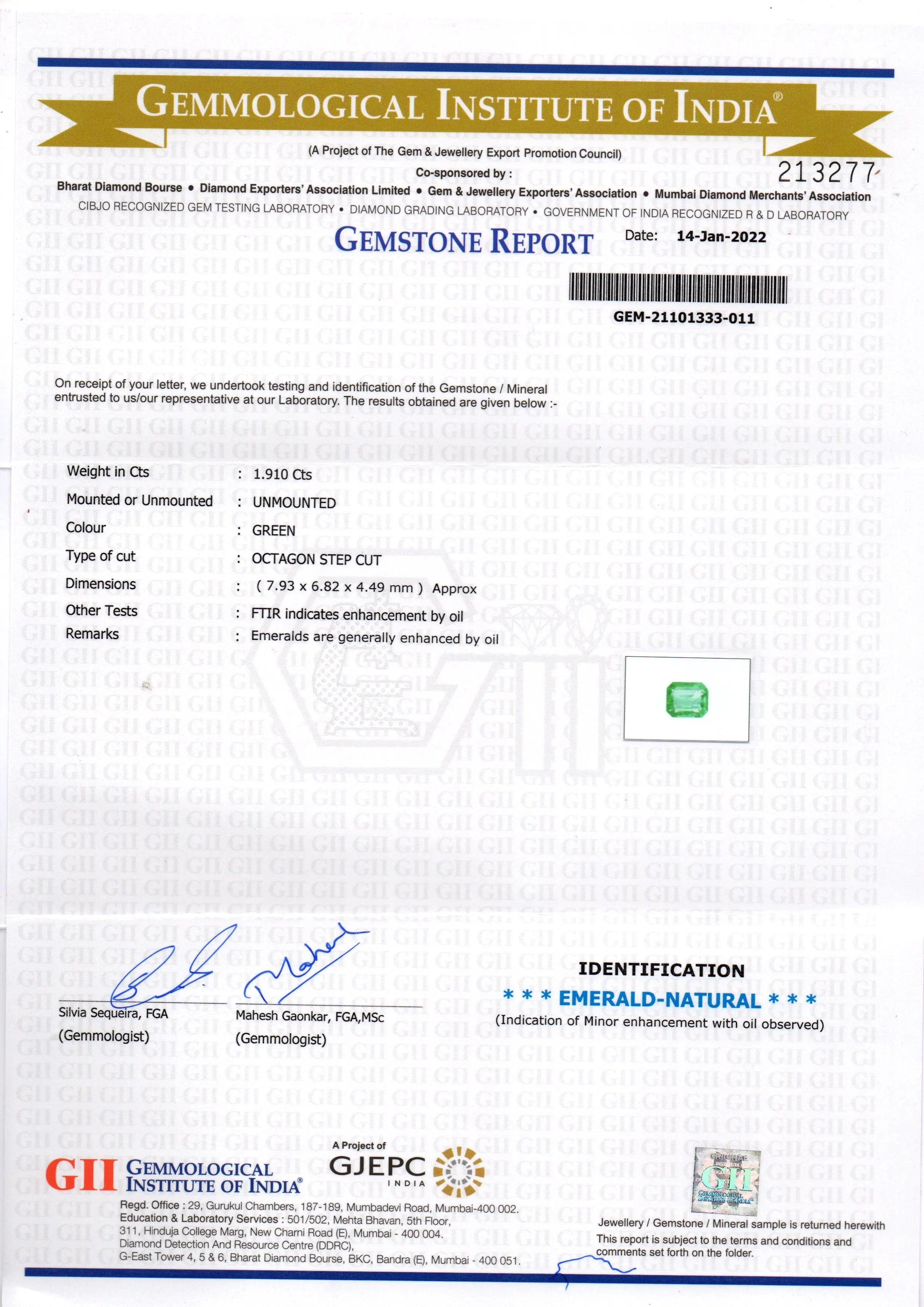 1.91 Ct GII Certified Untreated Natural Zambian Emerald Gemstone