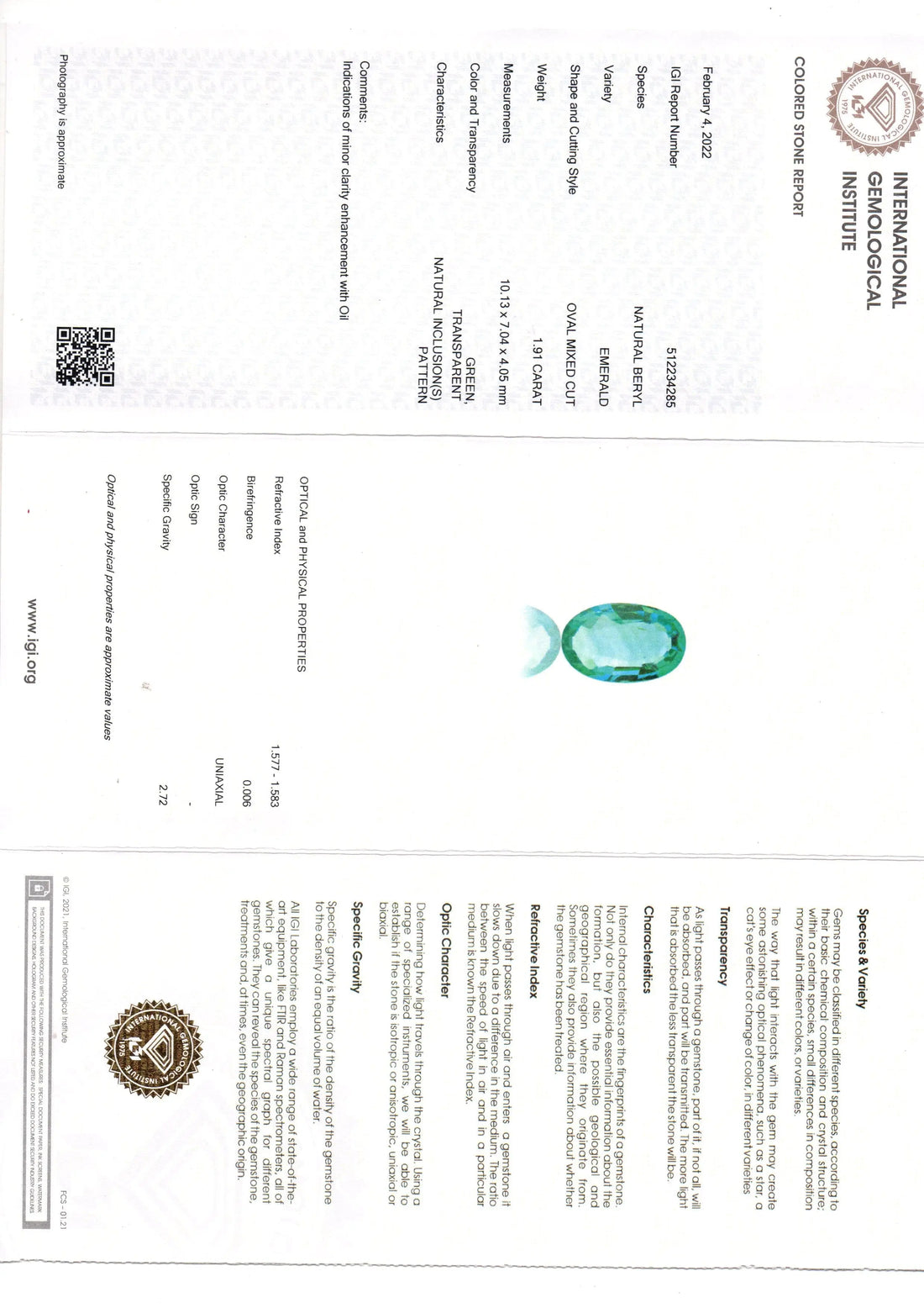1.91 Ct IGI Certified Untreated Natural Zambian Emerald Gemstone AAA