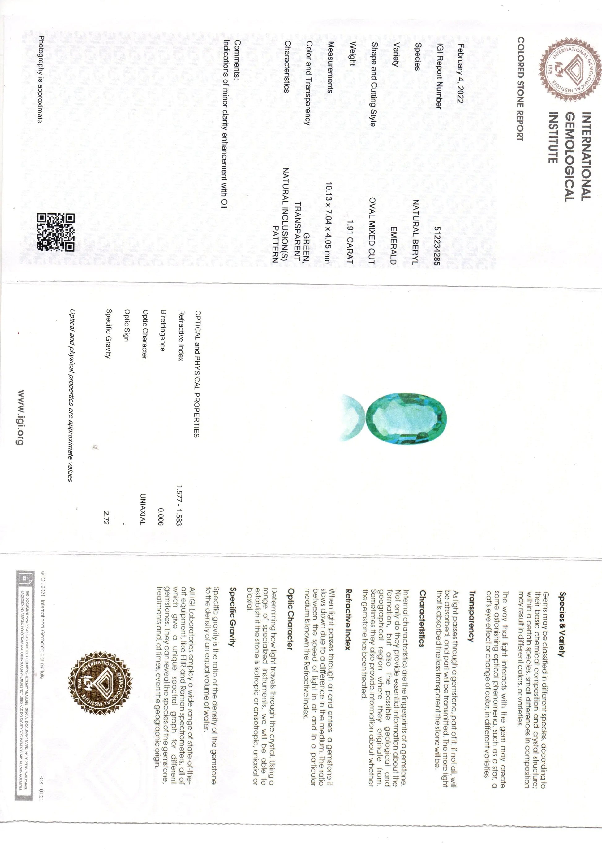 1.91 Ct IGI Certified Untreated Natural Zambian Emerald Gemstone AAA