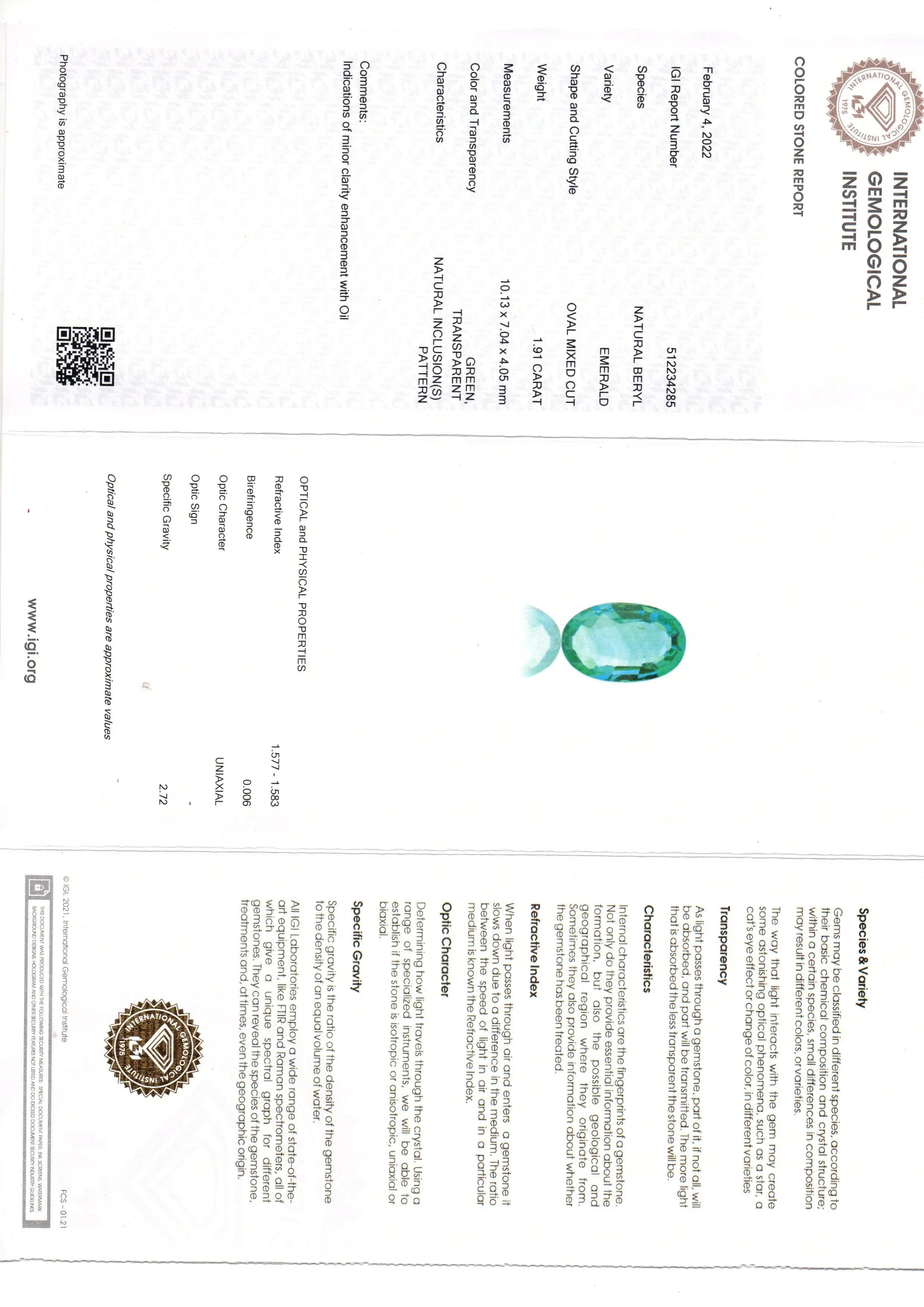 1.91 Ct IGI Certified Untreated Natural Zambian Emerald Gemstone AAA