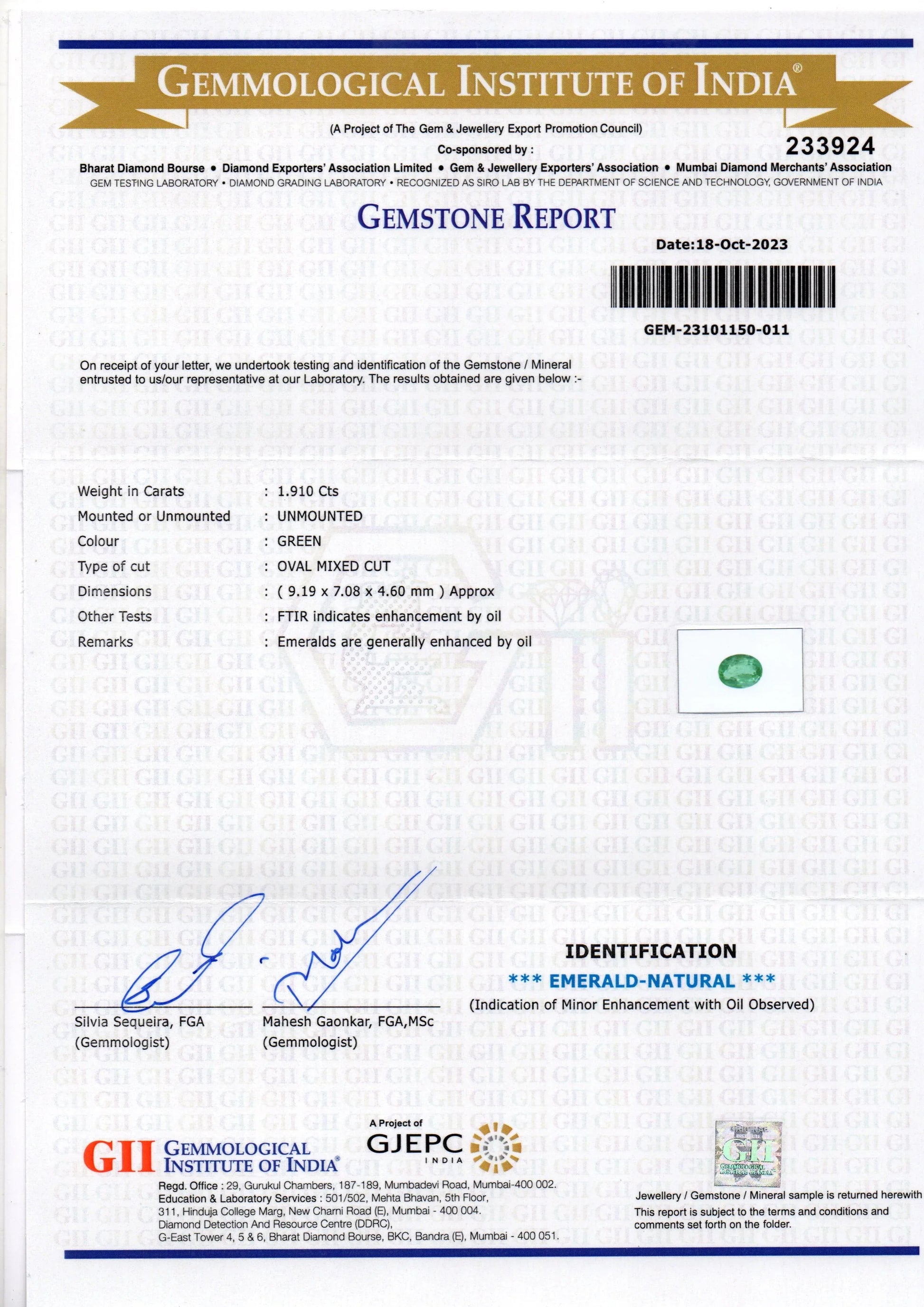 1.91 Ct GII Certified Untreated Natural Zambian Emerald Panna Gems - Venus Gems