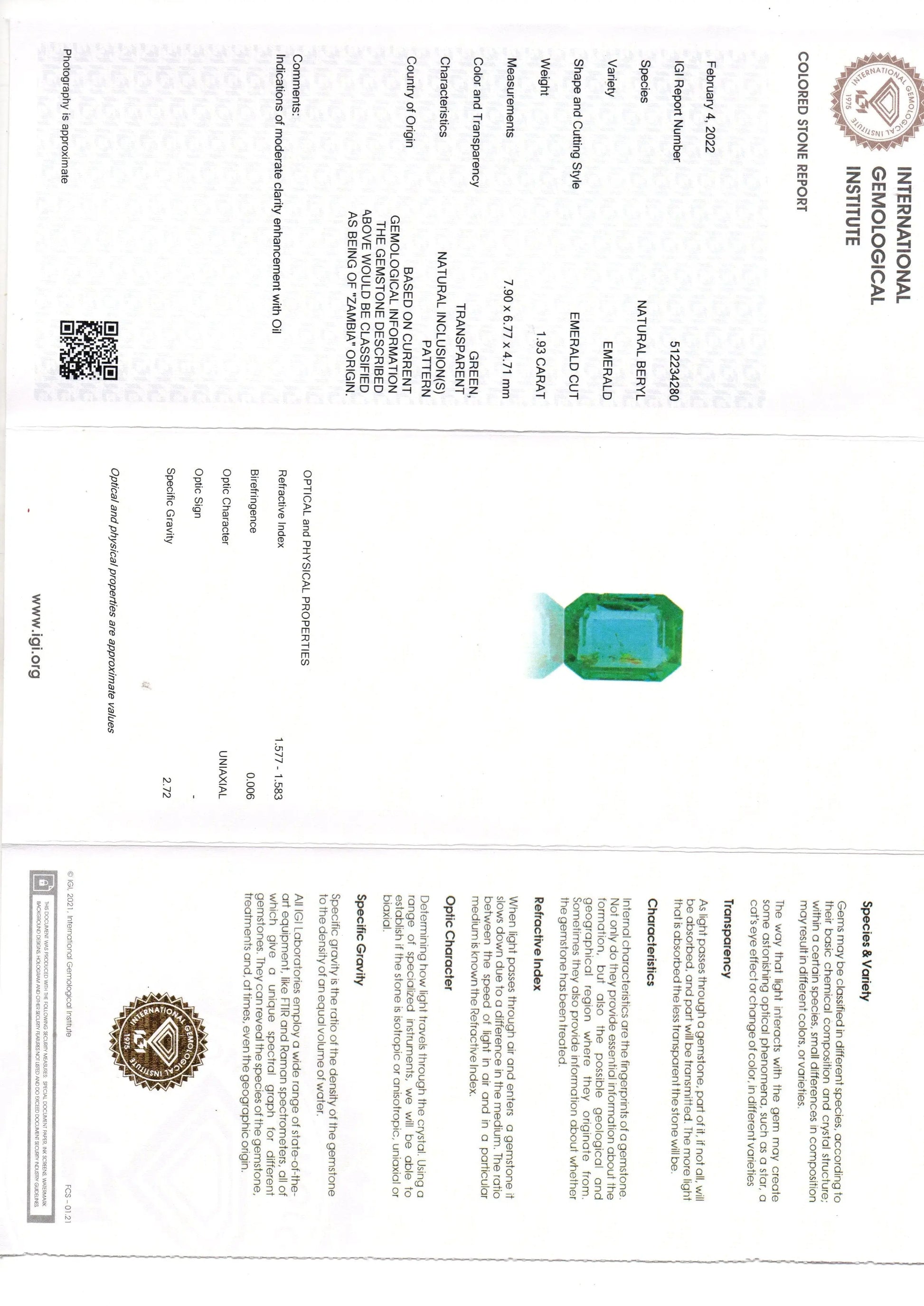 1.93 Ct IGI Certified Untreated Natural Zambian Emerald Gemstone AAA