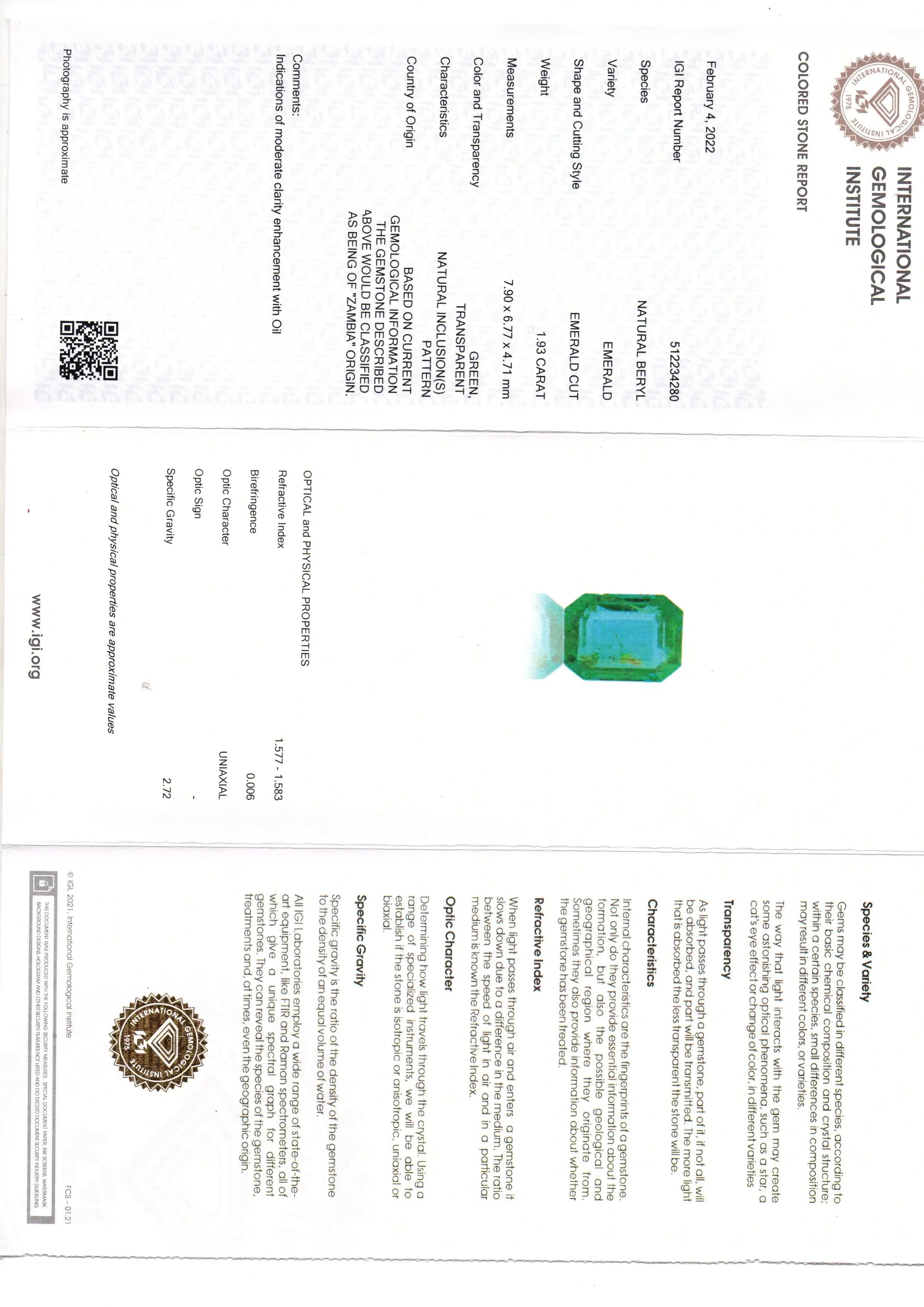 1.93 Ct IGI Certified Untreated Natural Zambian Emerald Gemstone AAA