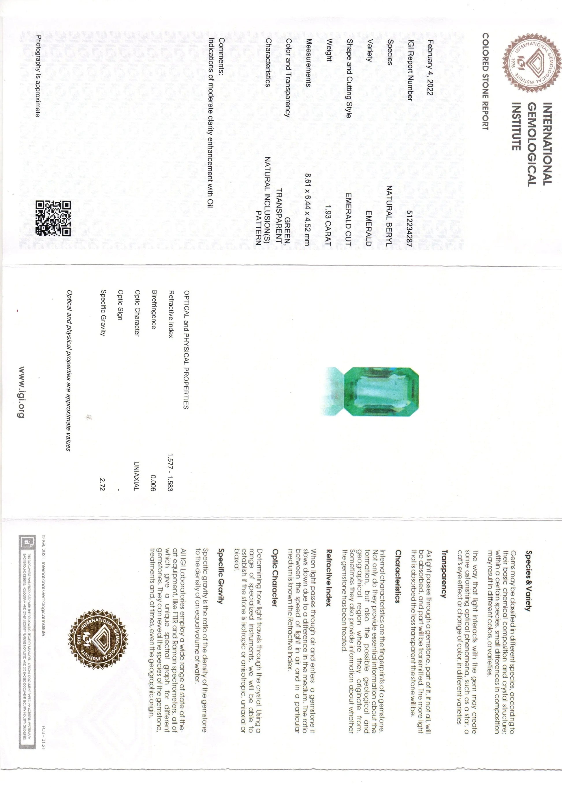 1.93 Ct IGI Certified Untreated Natural Zambian Emerald Gemstone AAA