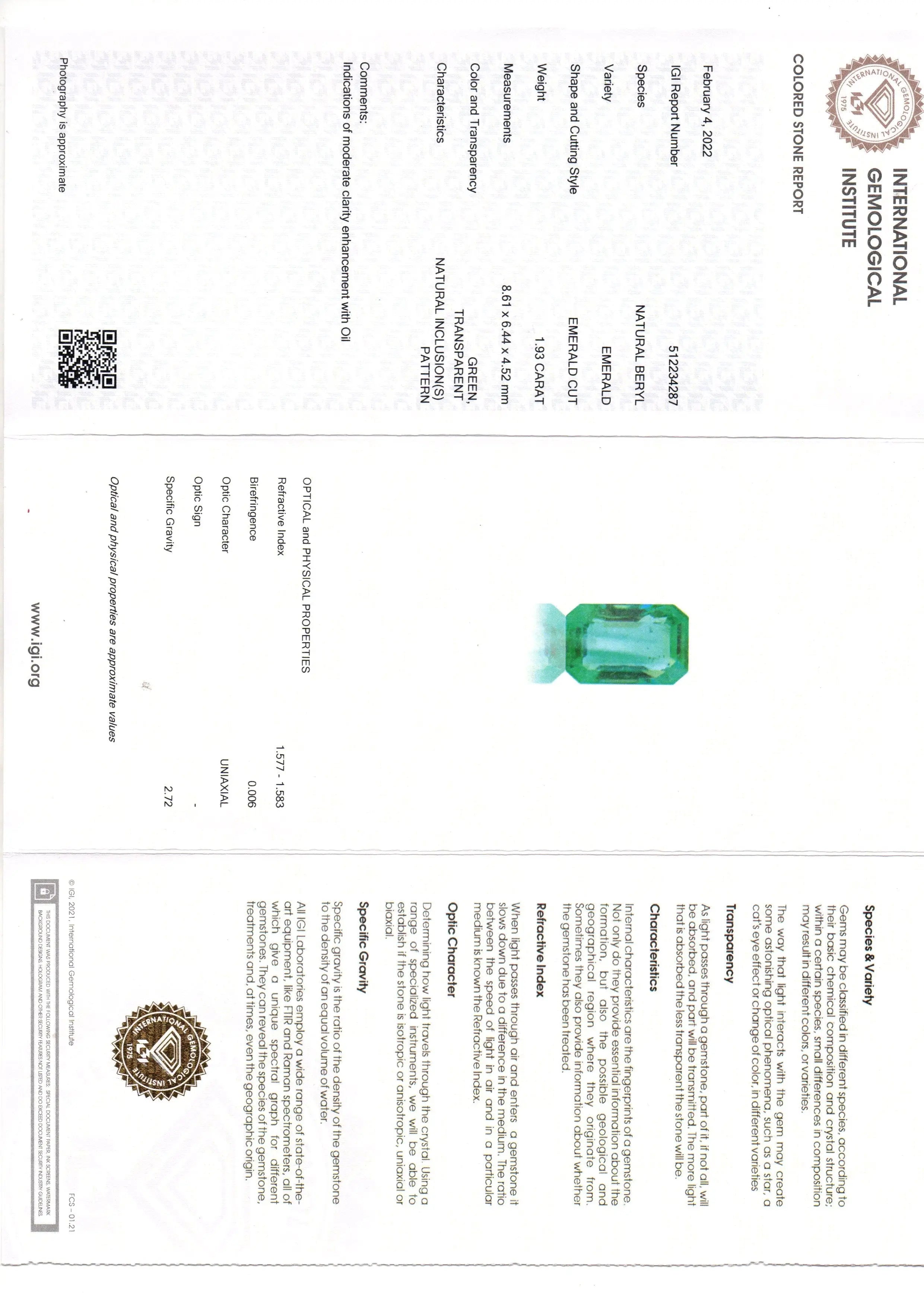 1.93 Ct IGI Certified Untreated Natural Zambian Emerald Gemstone AAA