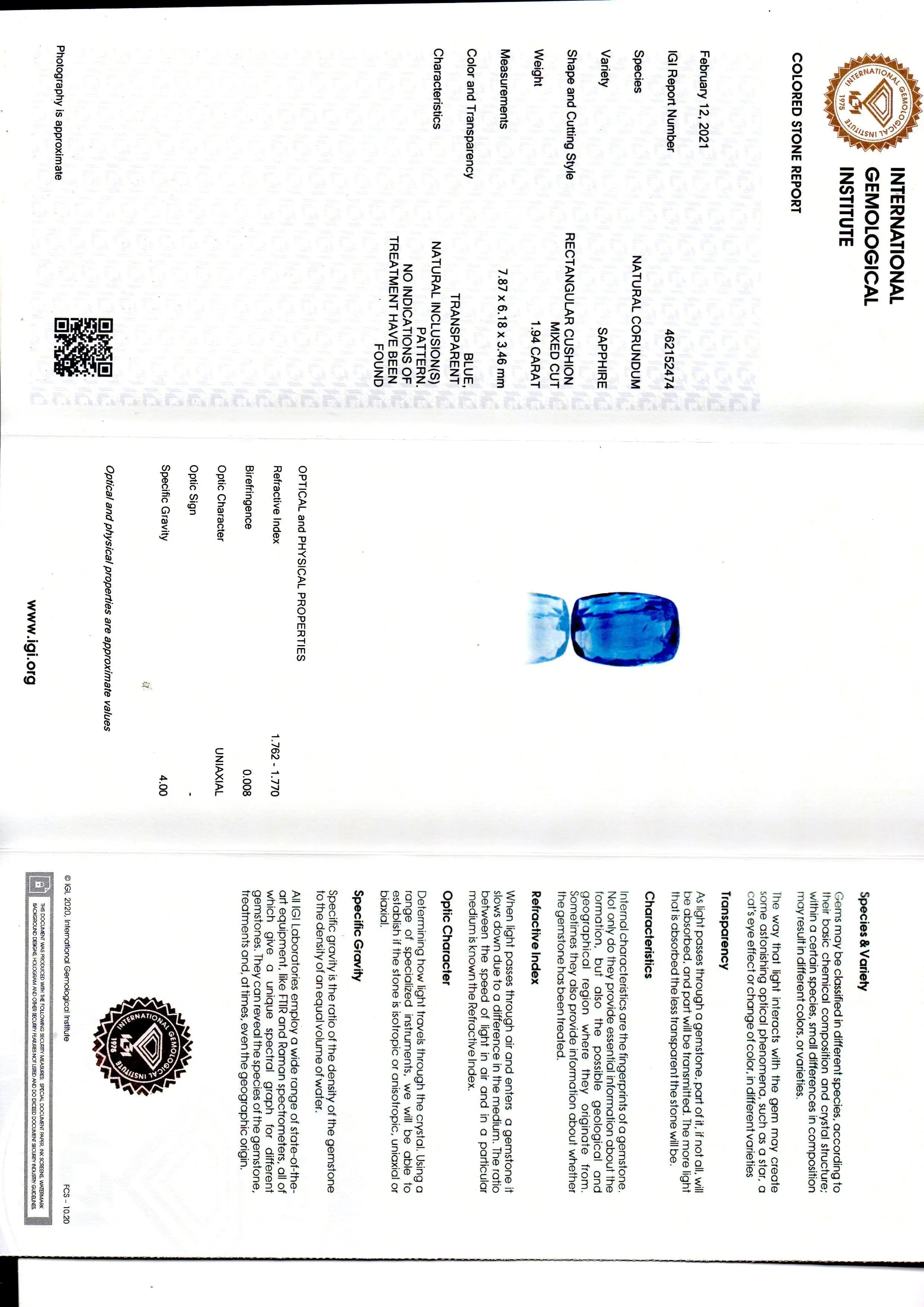 1.94 Ct IGI Certified Unheated Untreated Natural Ceylon Blue Sapphire AA