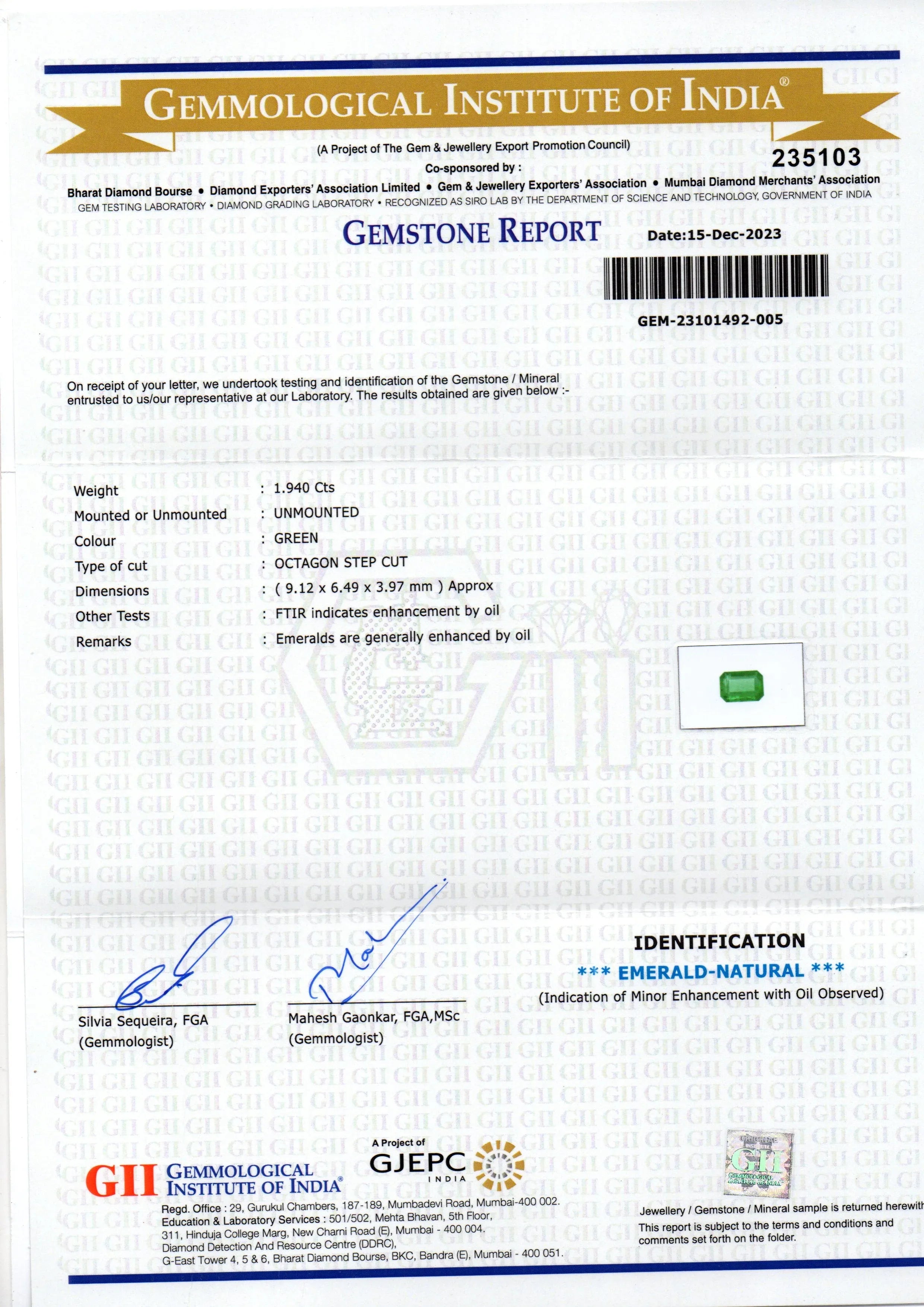 1.94 Ct GII Certified Untreated Natural Zambian Emerald Panna AAAA - Venus Gems