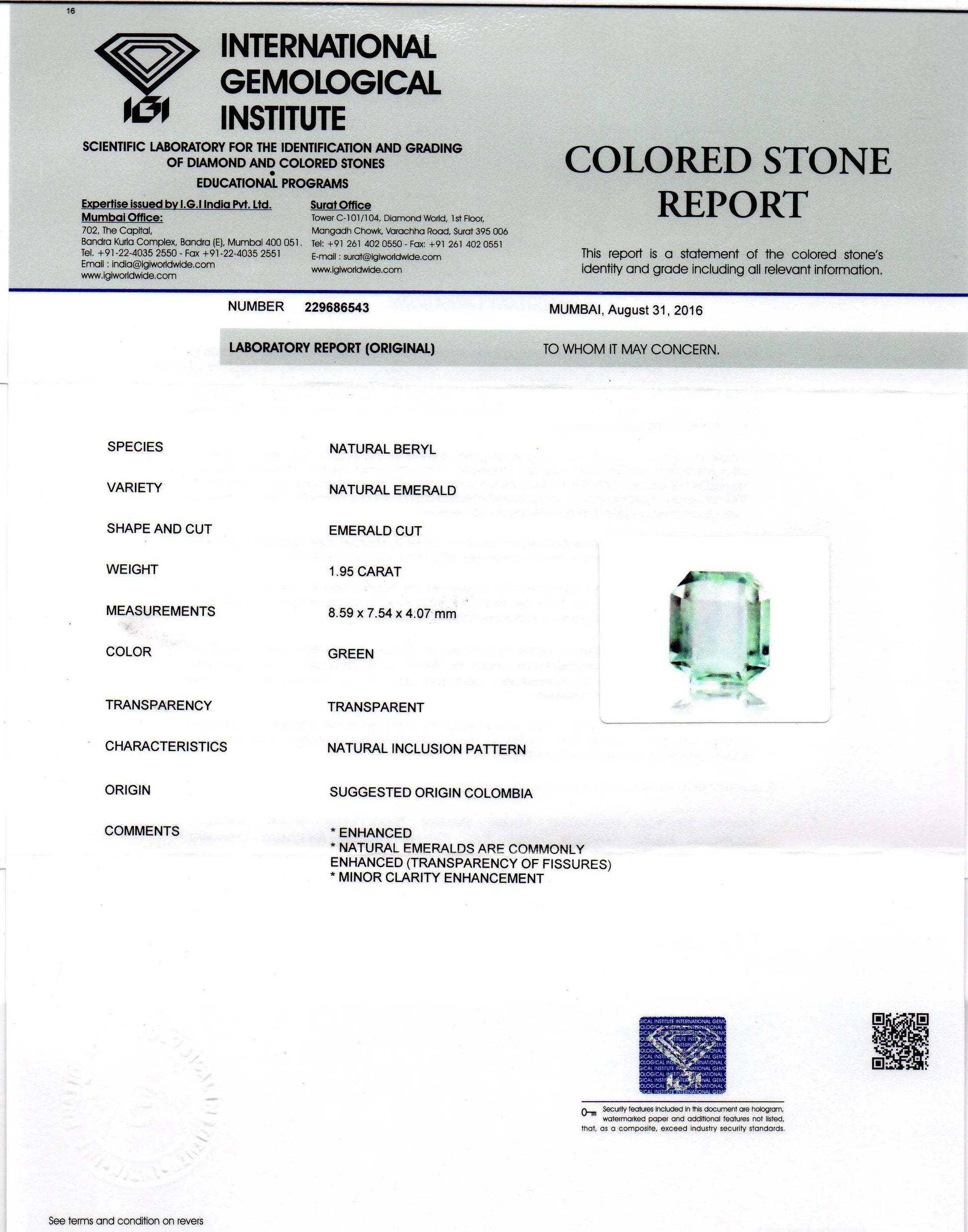 1.95 Ct Unheated Natural Colombian Emerald Gemstone **RARE**