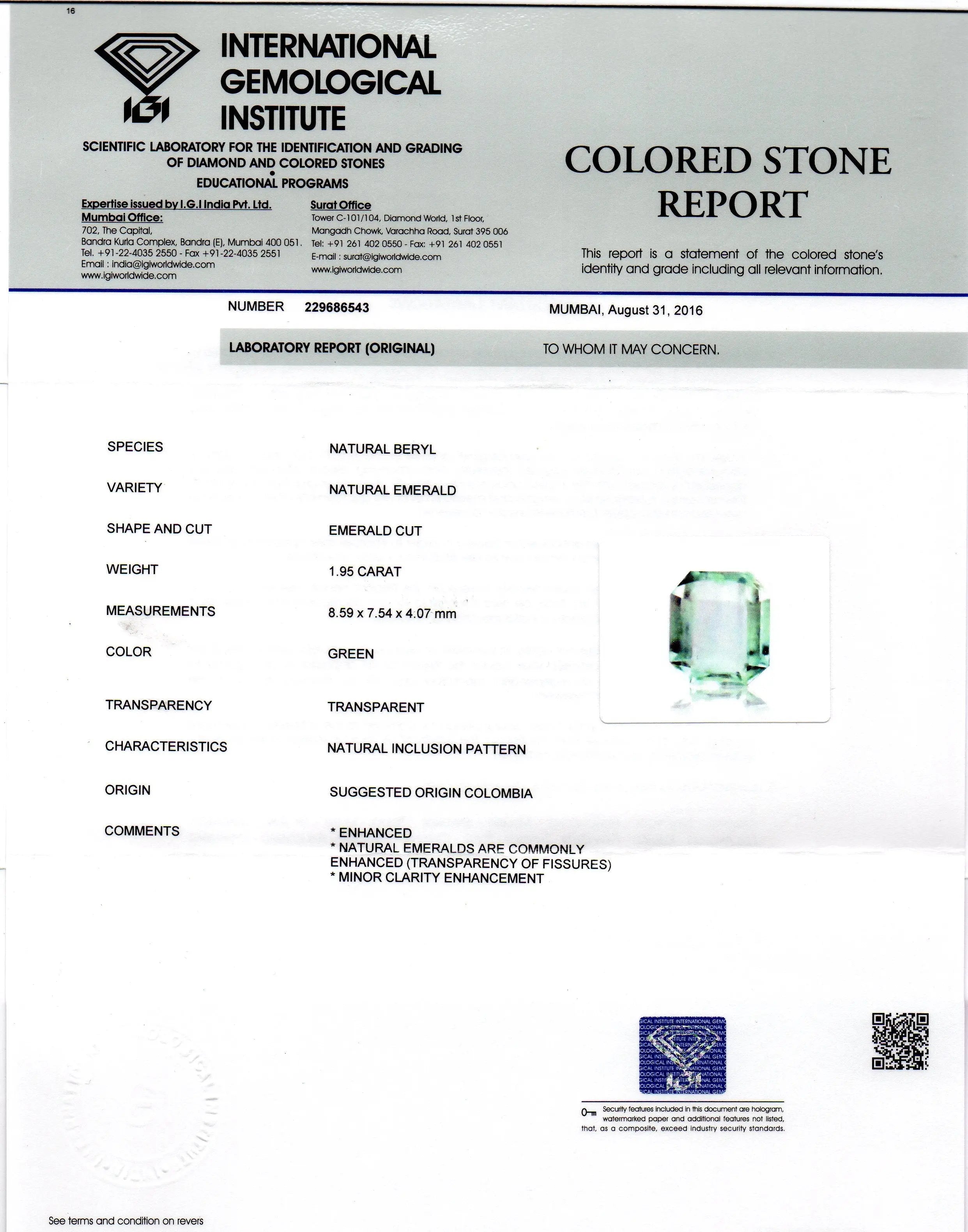 1.95 Ct Unheated Natural Colombian Emerald Gemstone **RARE**