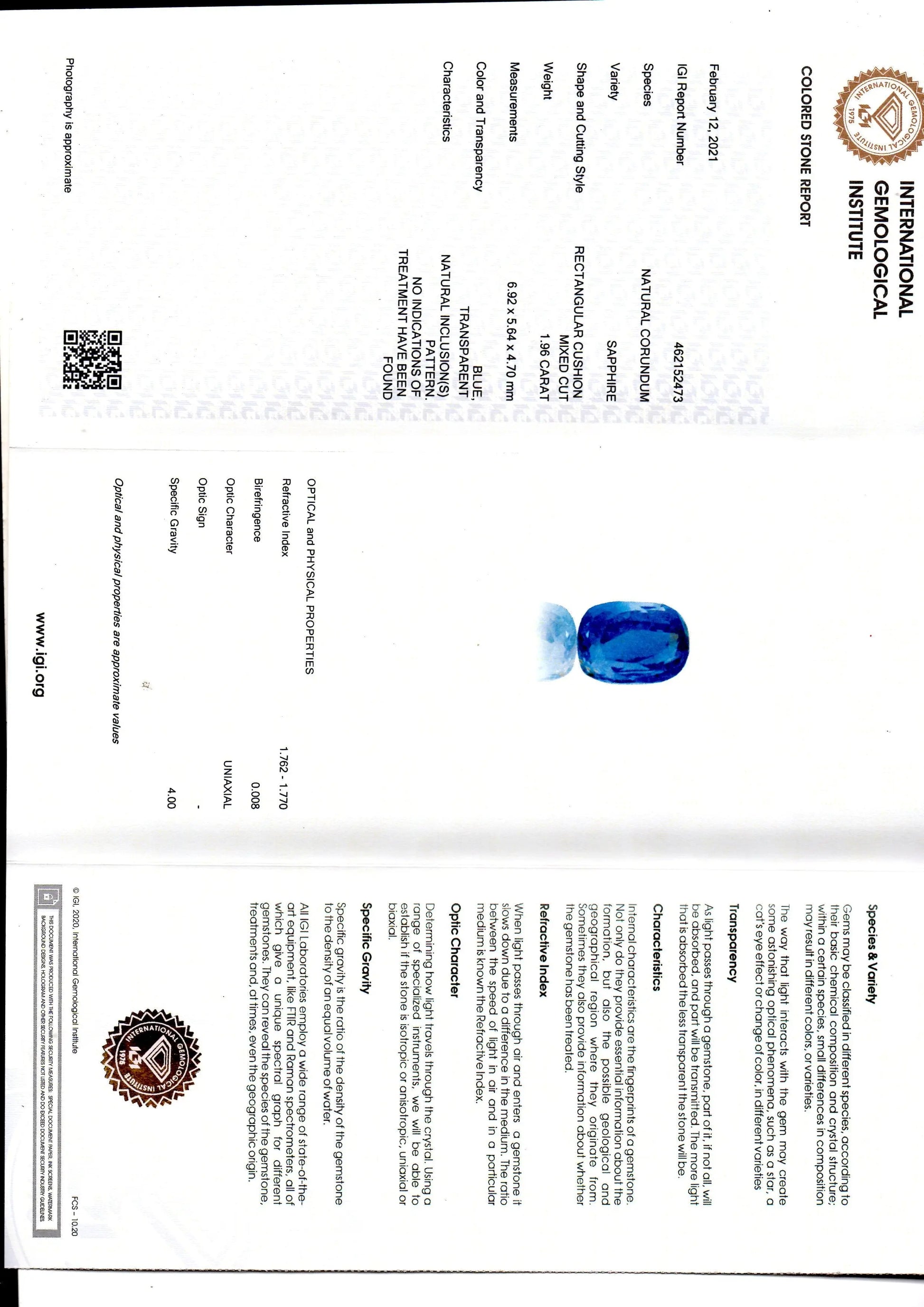 1.96 Ct IGI Certified Unheated Untreated Natural Ceylon Blue Sapphire AA