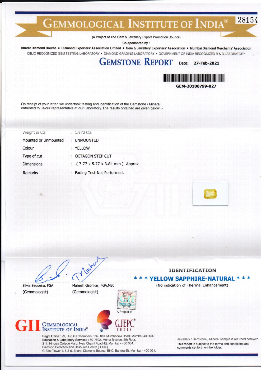 1.97 Ct GII Certified Unheated Untreated Natural Ceylon Yellow Sapphire AA