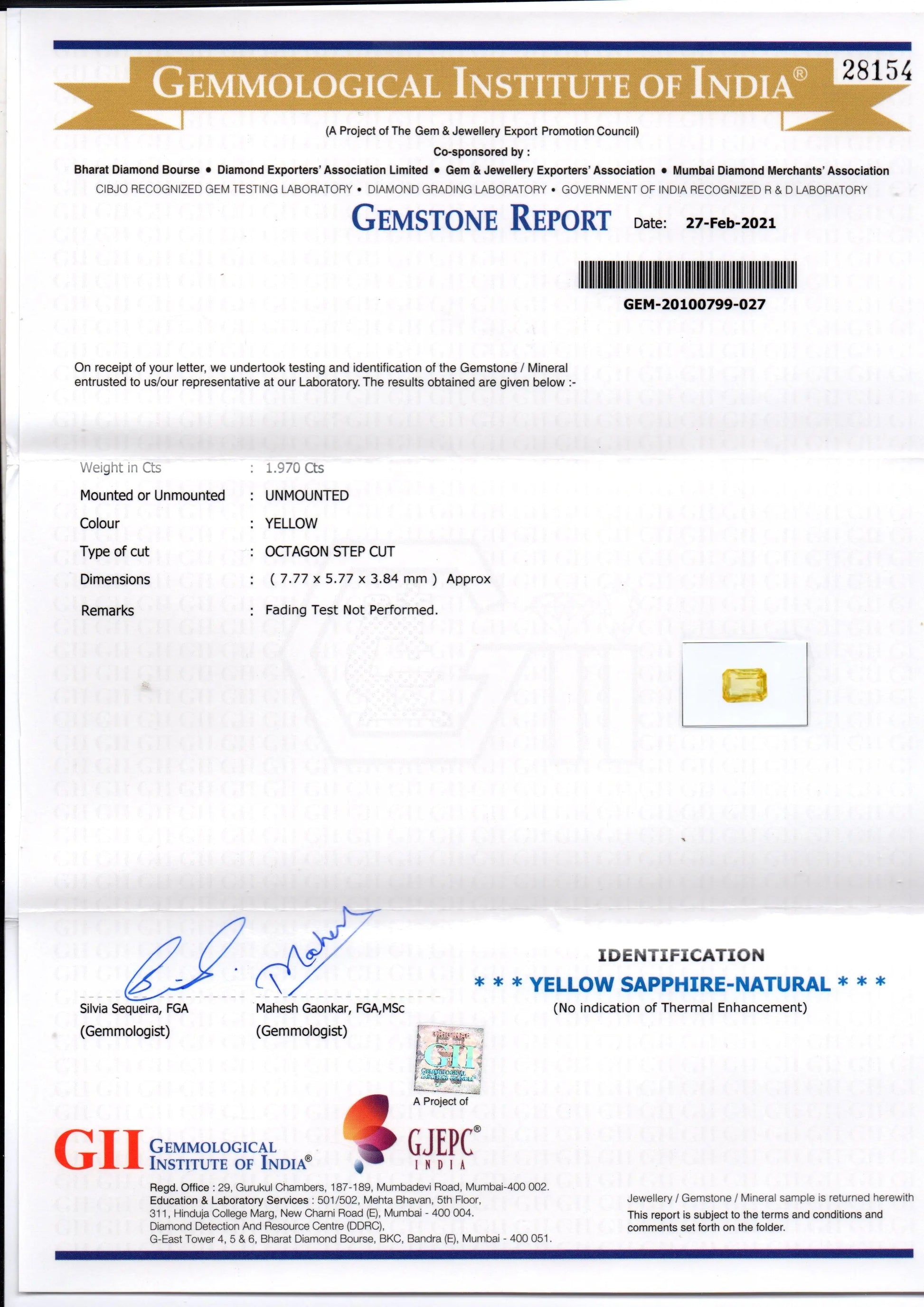 1.97 Ct GII Certified Unheated Untreated Natural Ceylon Yellow Sapphire AA