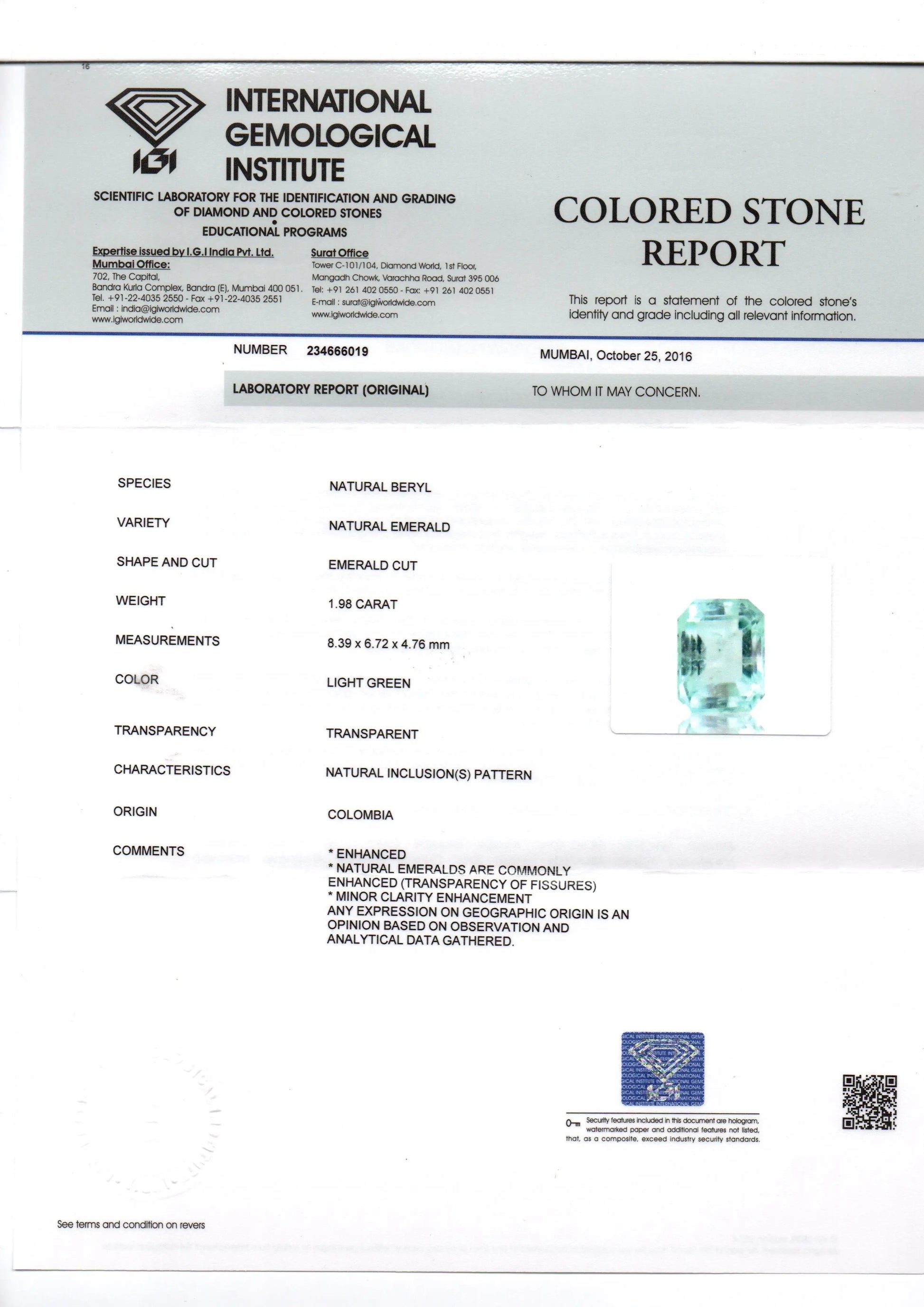 1.98 Ct Unheated Natural Colombian Emerald Gemstone **RARE**