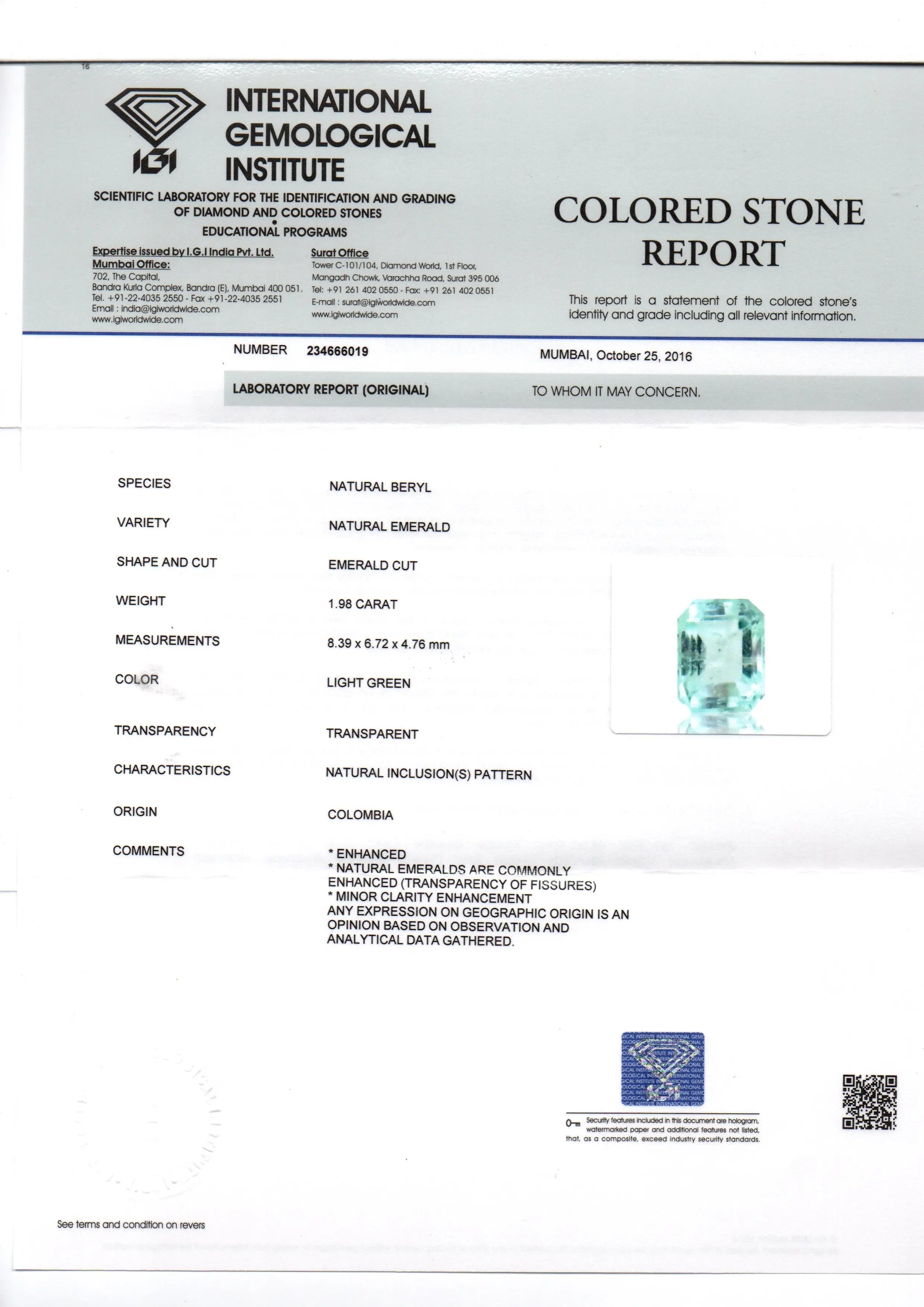 1.98 Ct Unheated Natural Colombian Emerald Gemstone **RARE**
