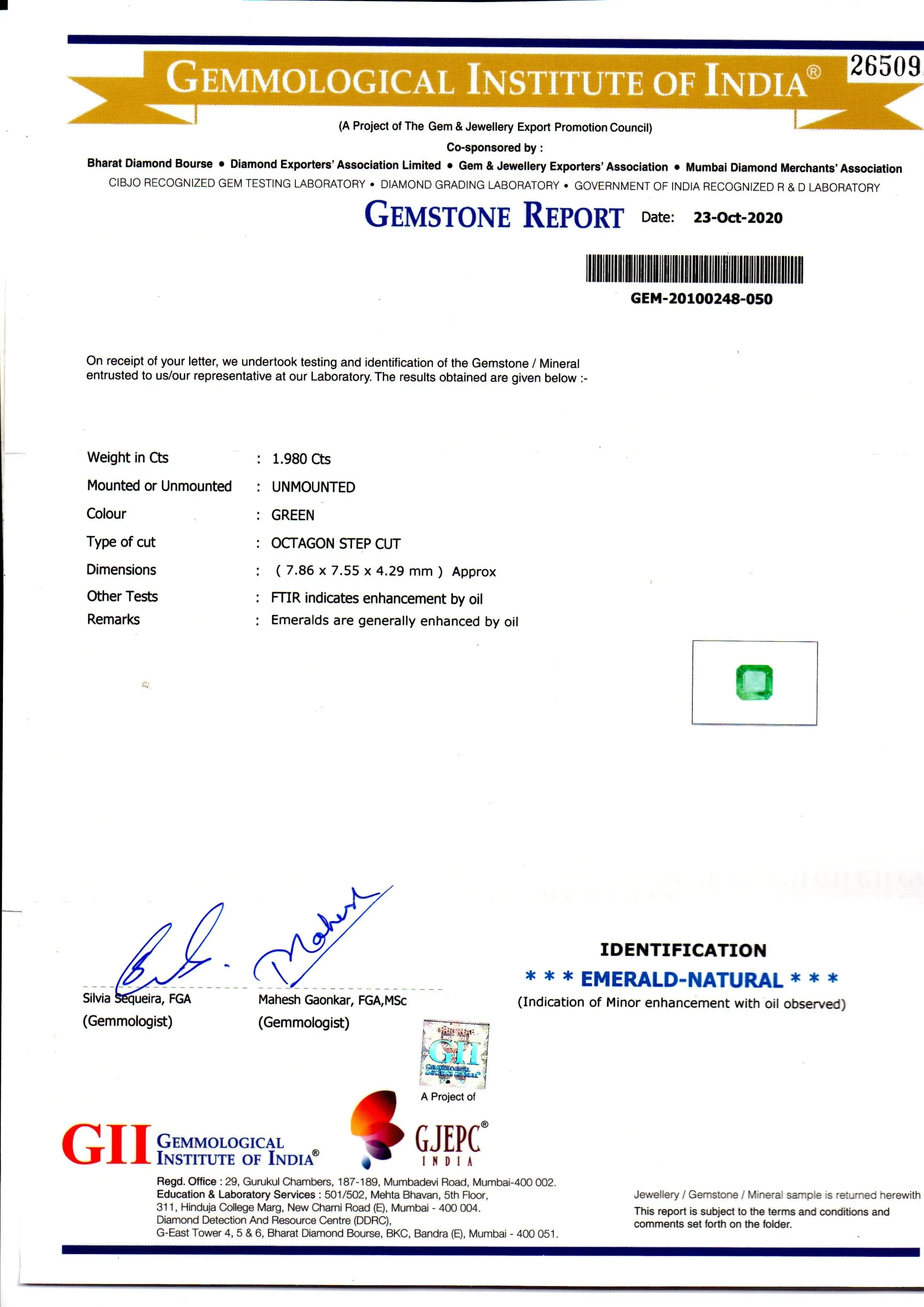 1.98 Ct GII Certified Untreated Natural Zambian Emerald Gems AA