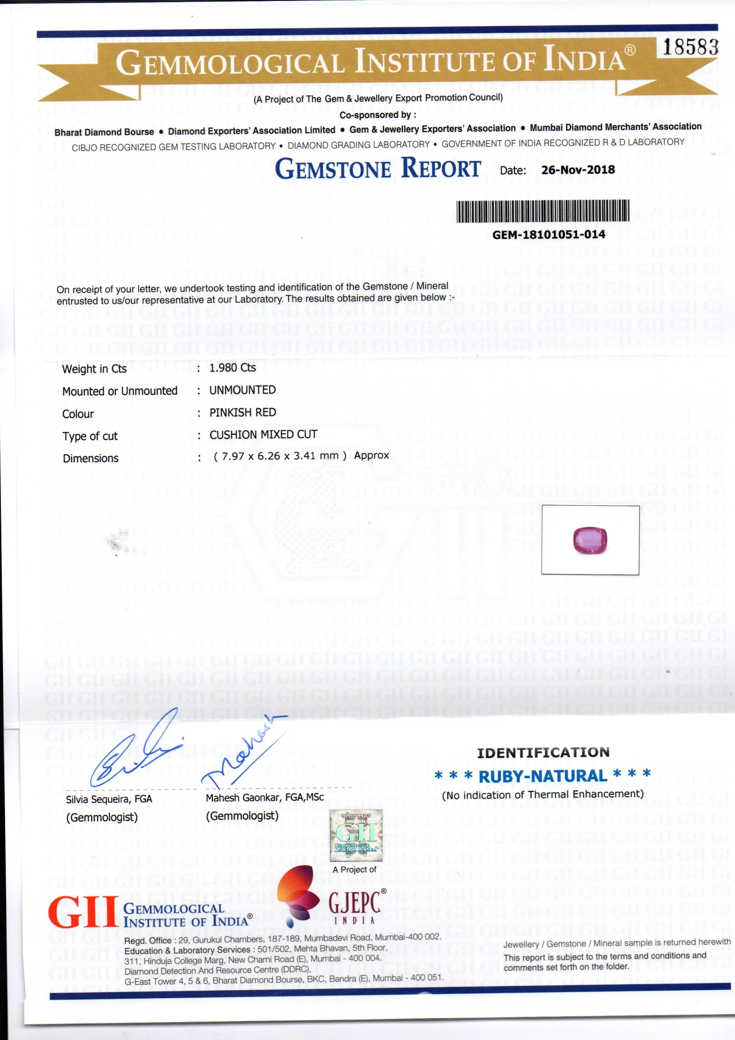 1.98 Ct GII Certified Unheated Untreated Natural Madagaskar Ruby AAA