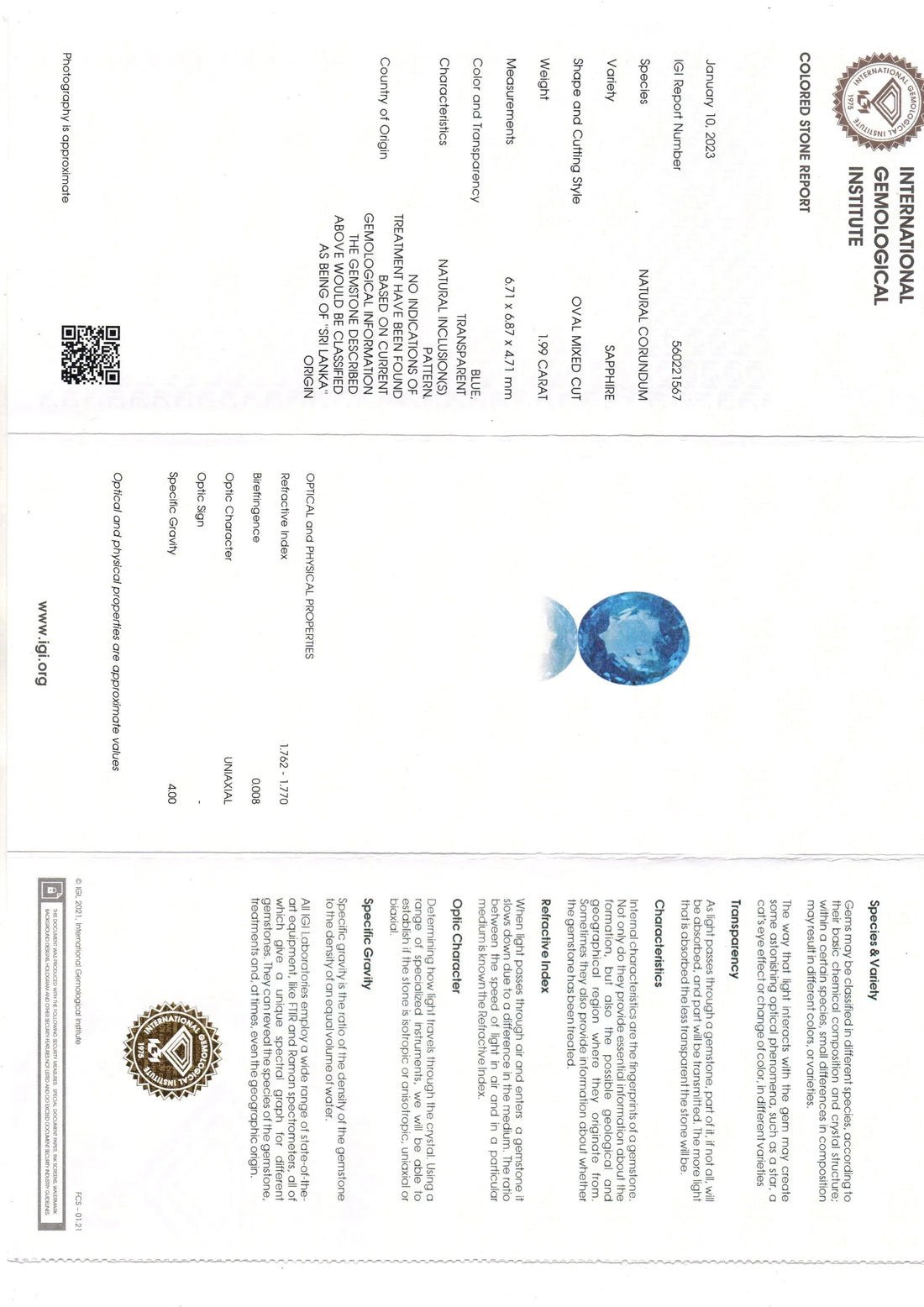 1.99 Ct IGI Certified Unheaated Untreated Natural Ceylon Blue Sapphire AA