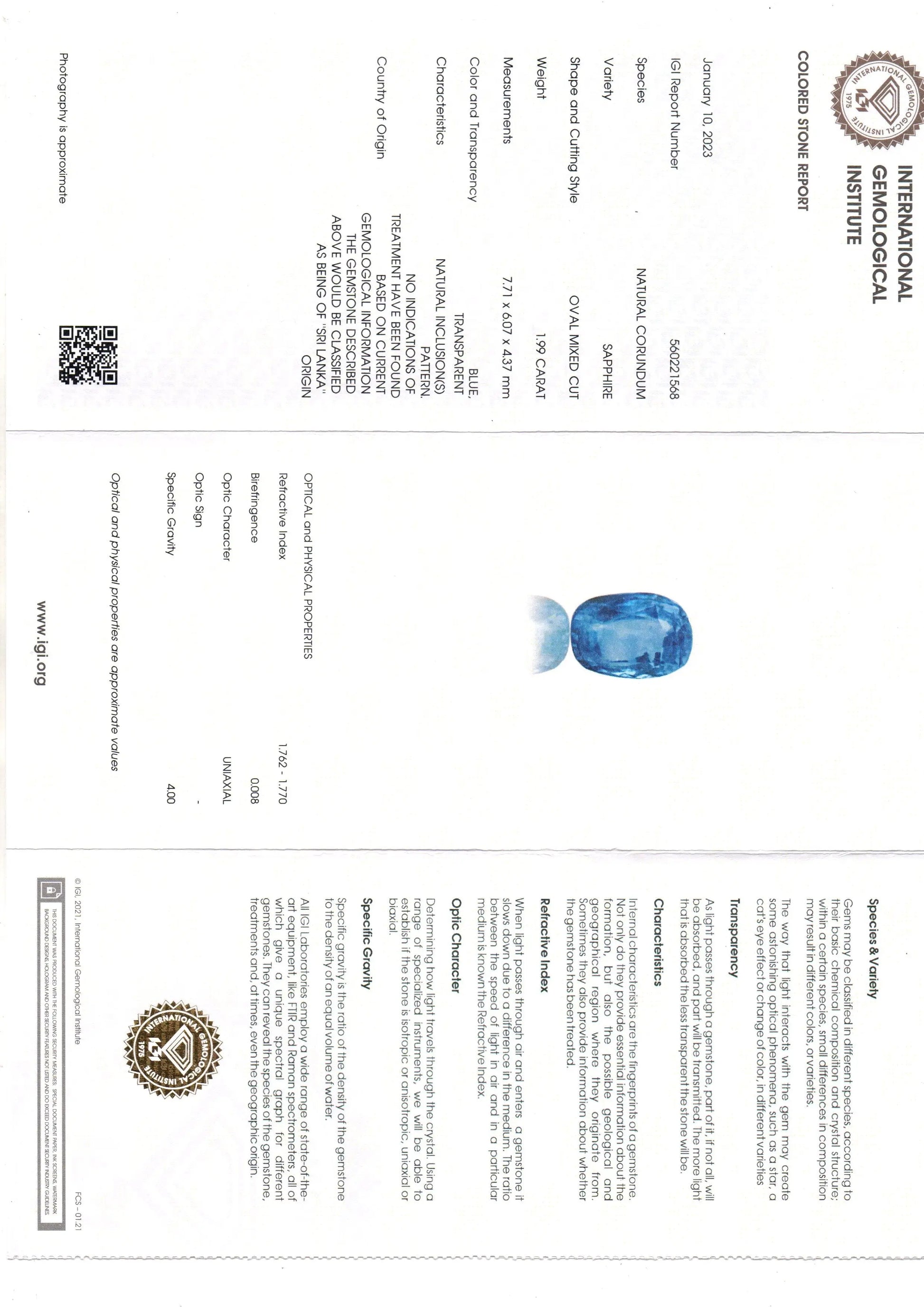 1.99 Ct IGI Certified Unheaated Untreated Natural Ceylon Blue Sapphire AA