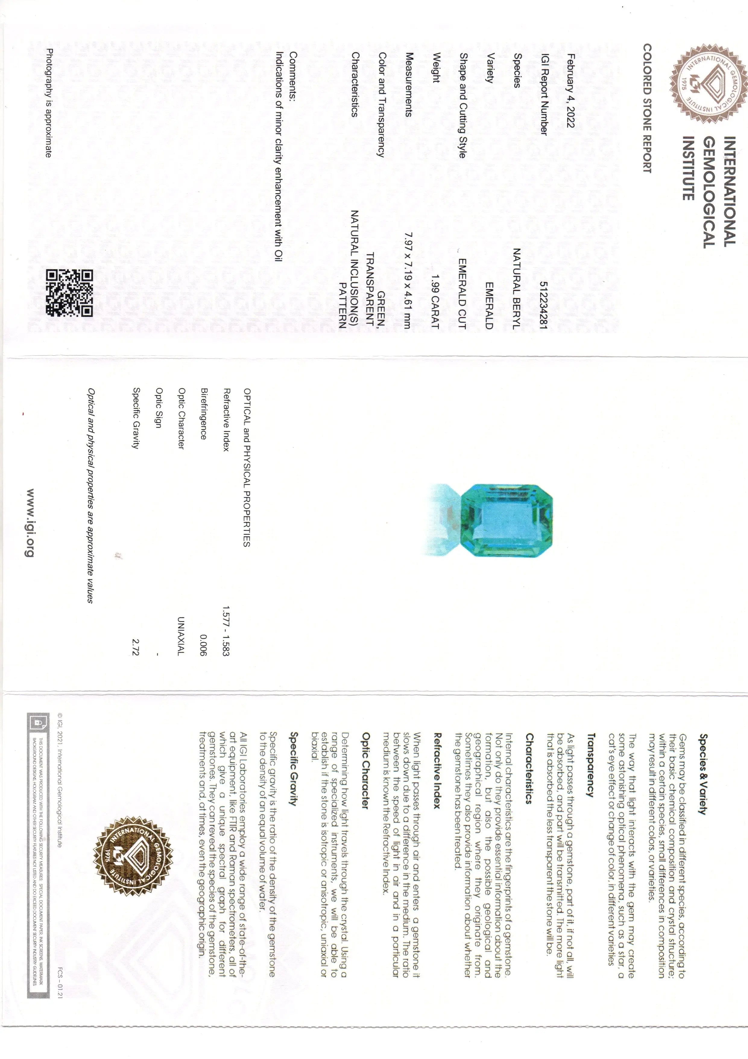 1.99 Ct IGI Certified Untreated Natural Zambian Emerald Gemstone AAA