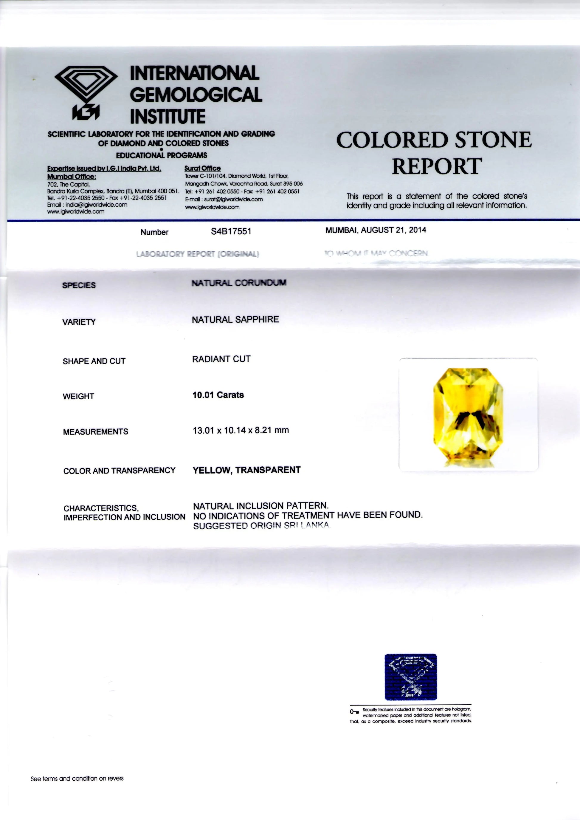 Huge 10.01 Ct Unheated Untreated Natural Ceylon Yellow Sapphire AAA